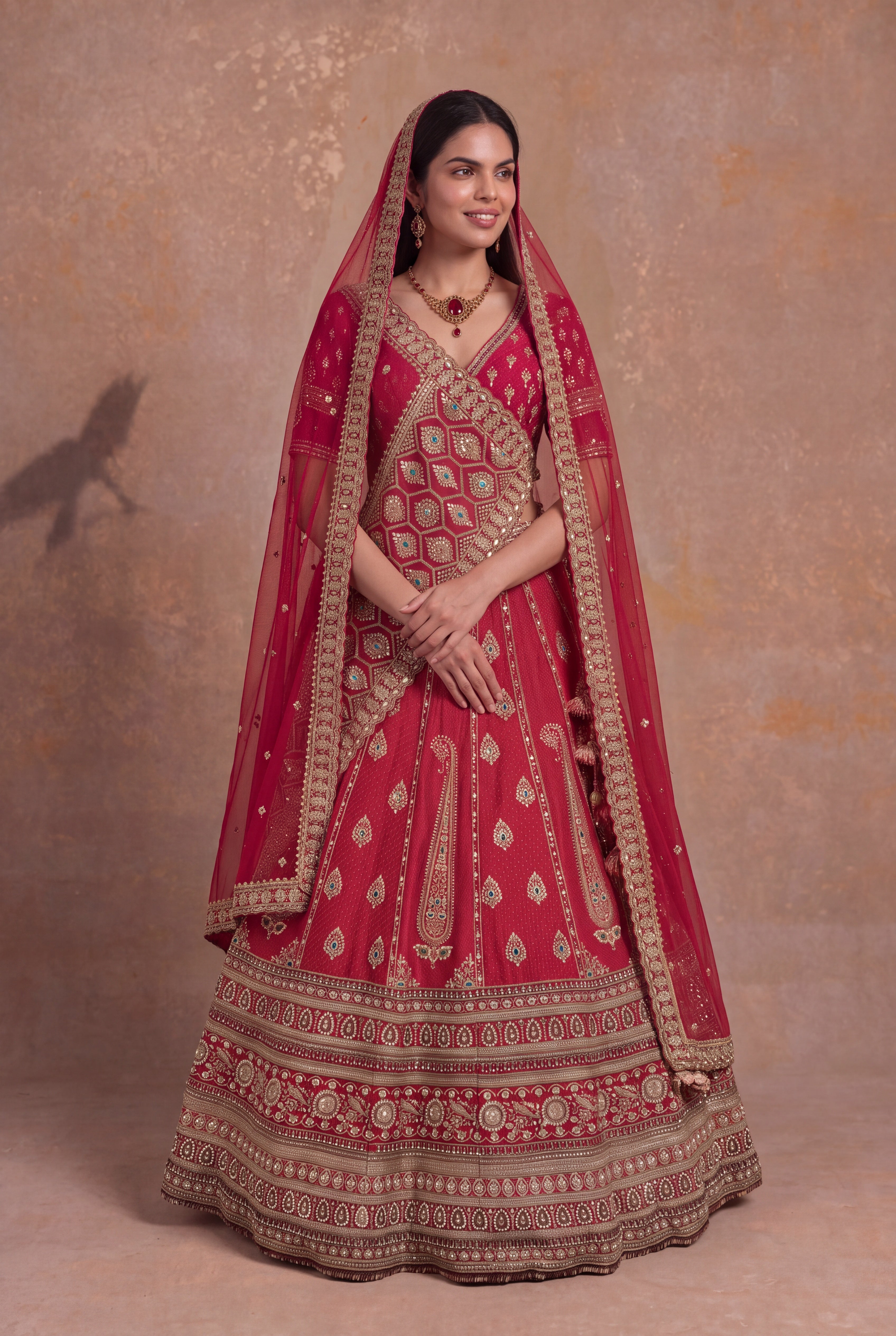 Red Silk Bridal Lehenga with Multicolour Stone & Zardozi Border