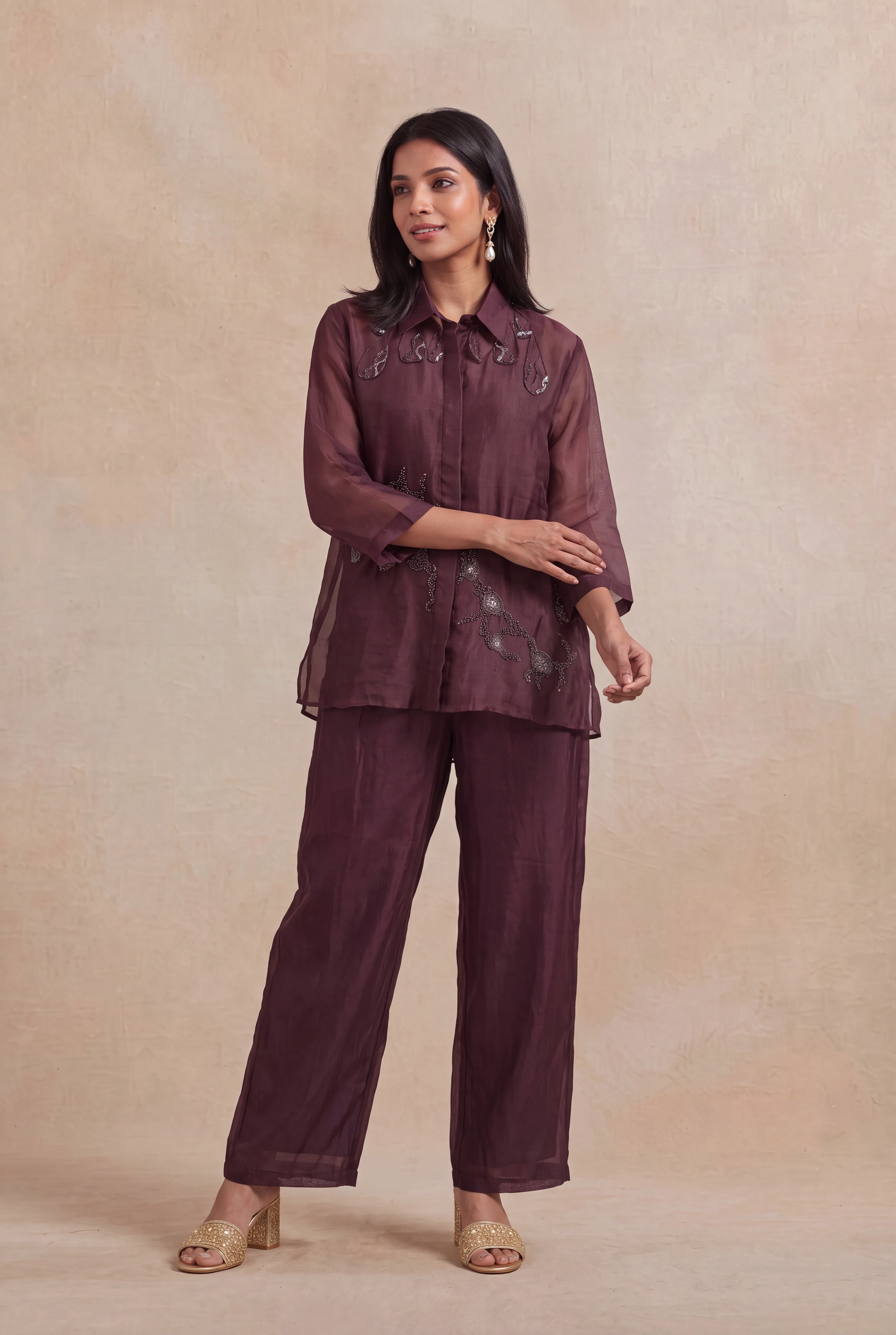 Wine Organza Embellished Co-ord Set