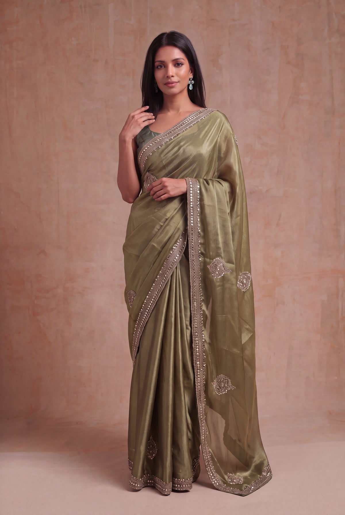 Olive Green Organza Saree with Gold Embellishments