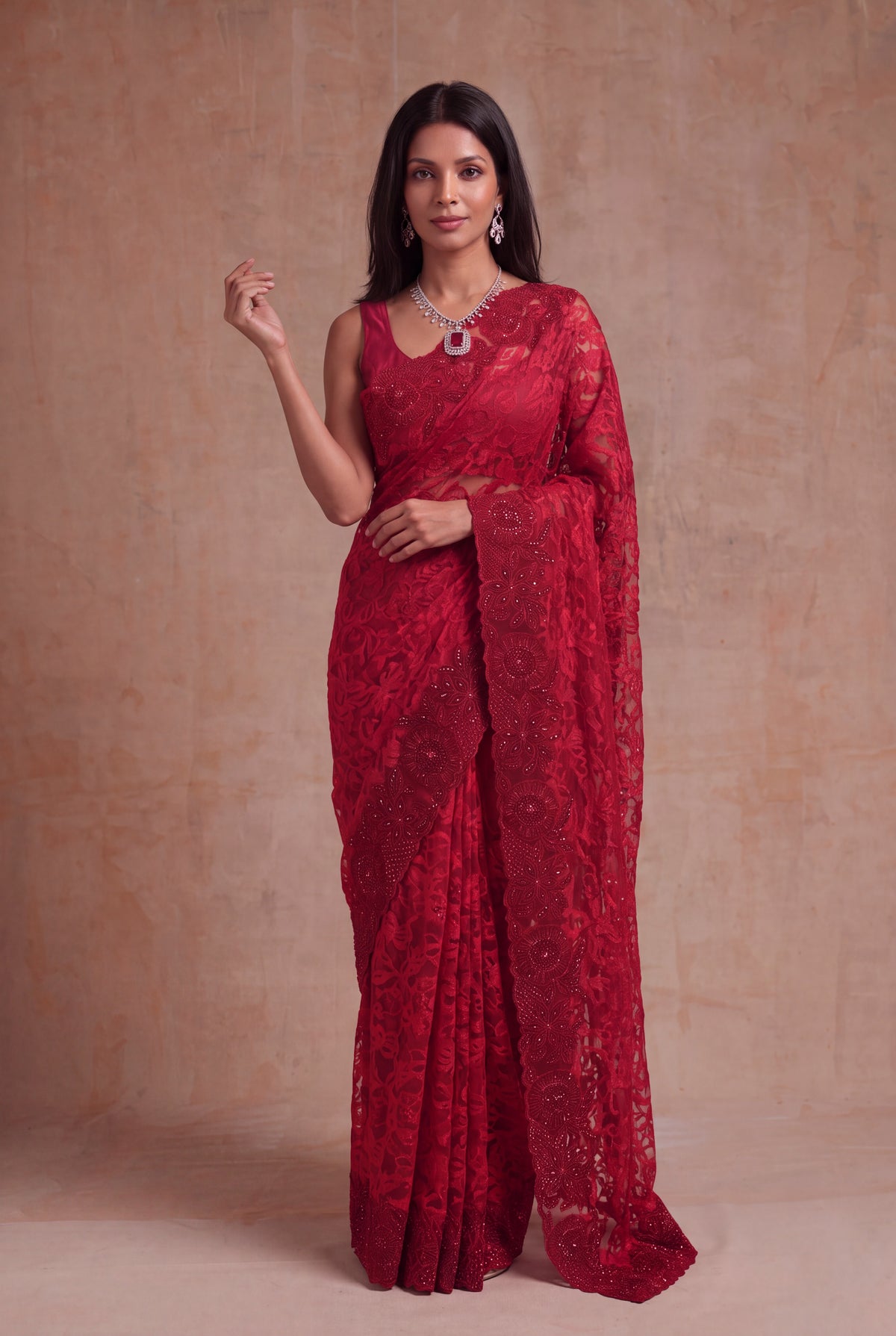 Red Net Saree with Sequin Jaal Work