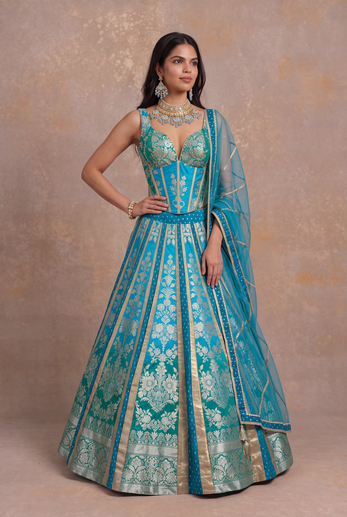 Turquoise Teal Ombre Banarasi Silk Lehenga Set