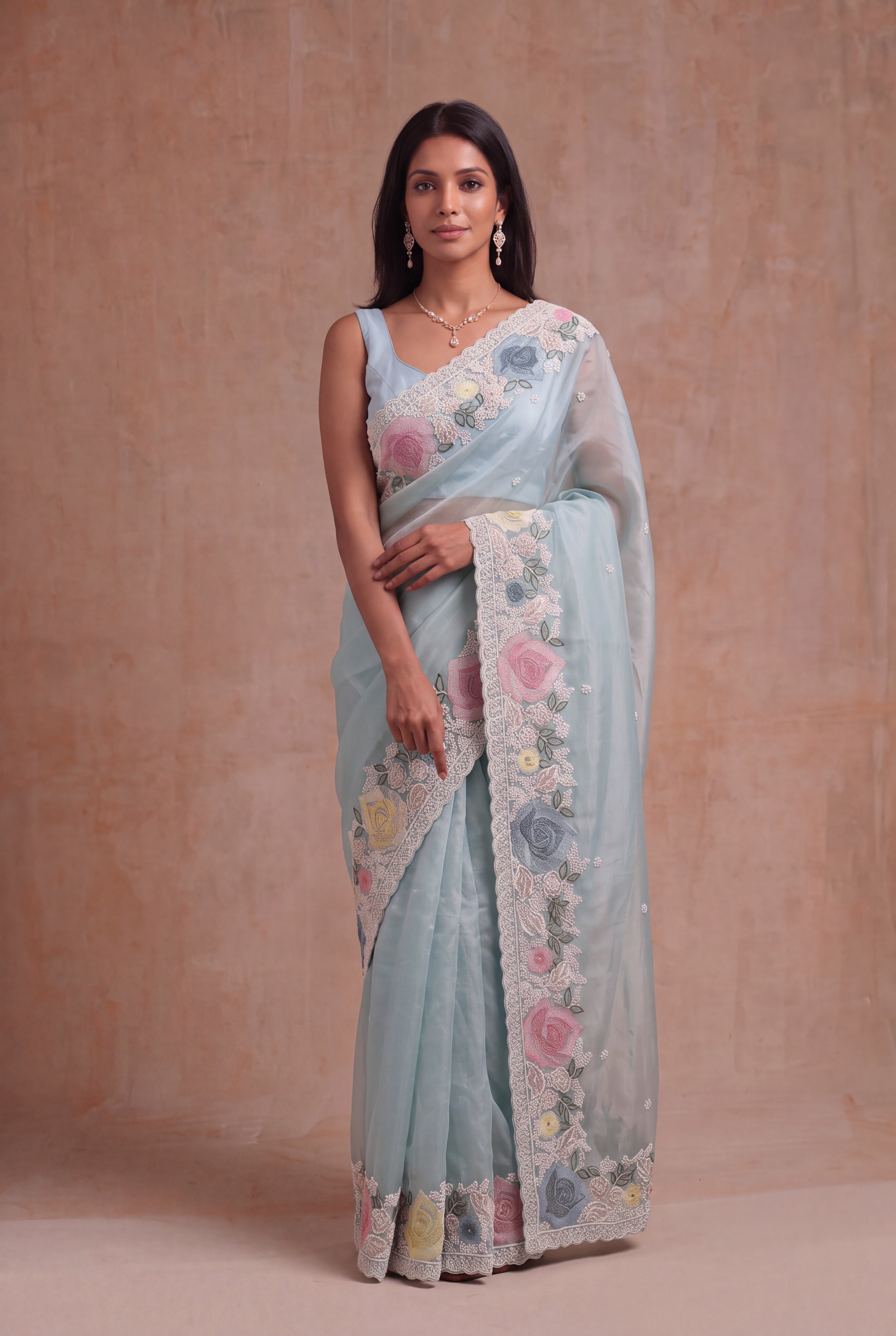 Ice Blue Tissue Organza Saree with Floral Embroidery