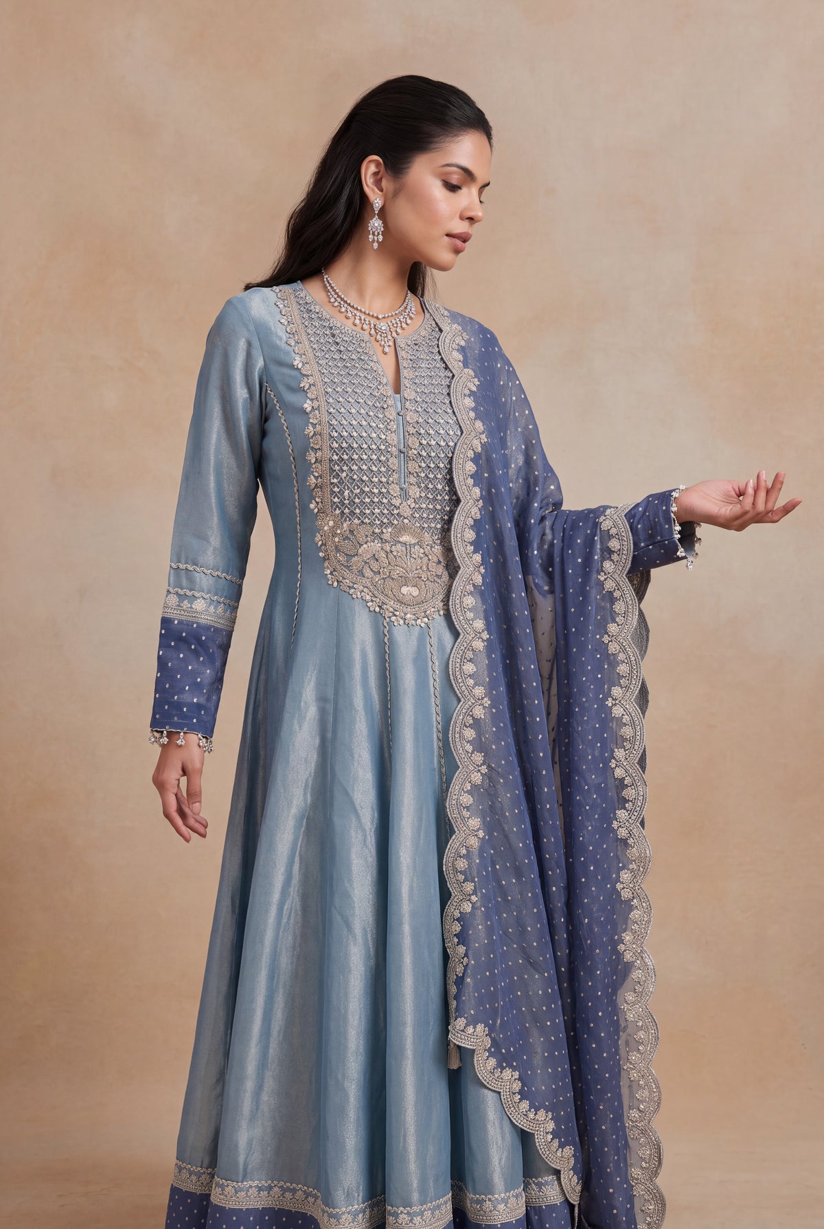 Blue Tissue Anarkali Set
