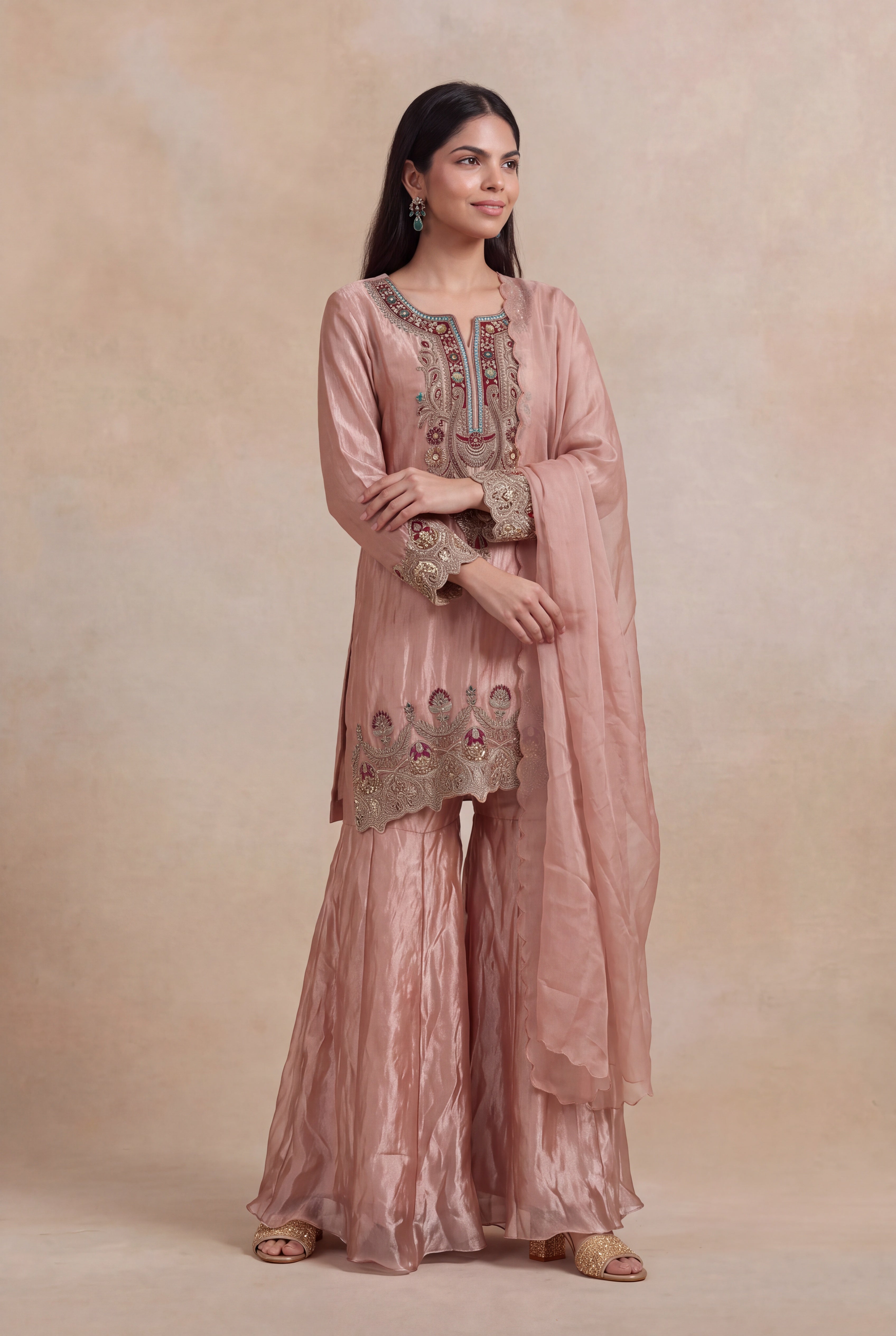 Blush Pink Tissue Sharara Set with Zardosi & Kundan Work