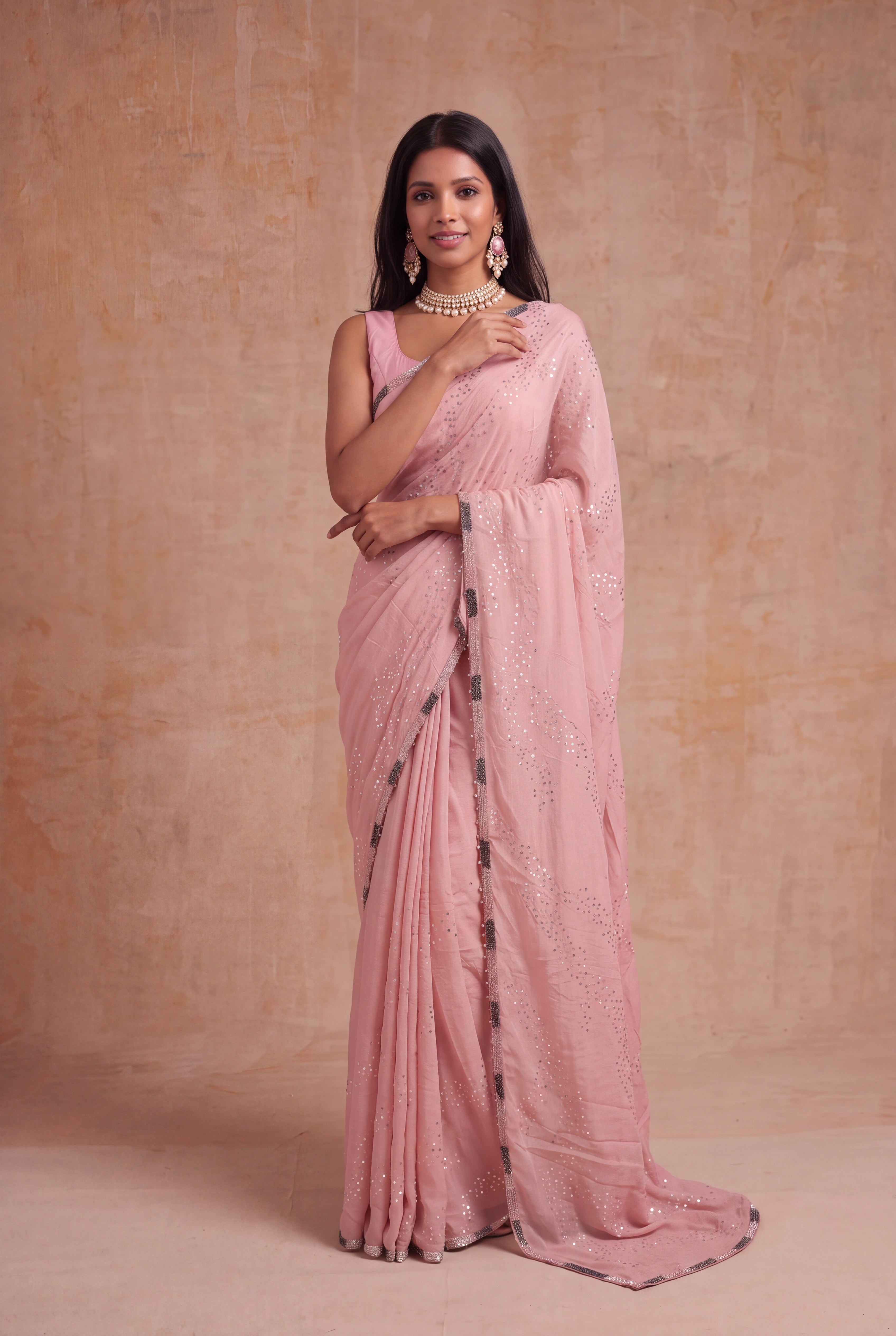 Pink Crush Crepe Saree with Sequin Work