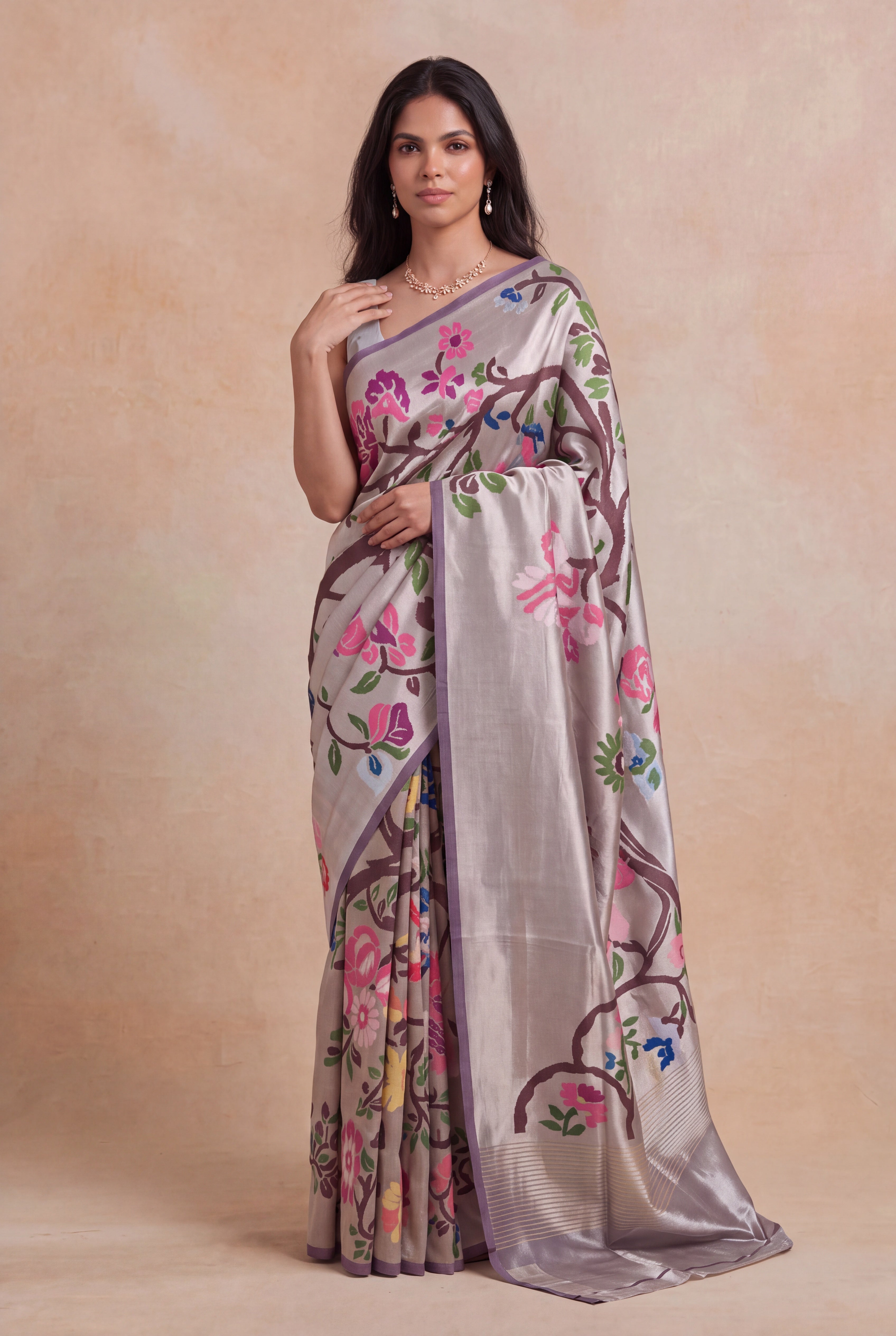 Lilac Banarasi Tissue Silk Multicolour Jaal Saree