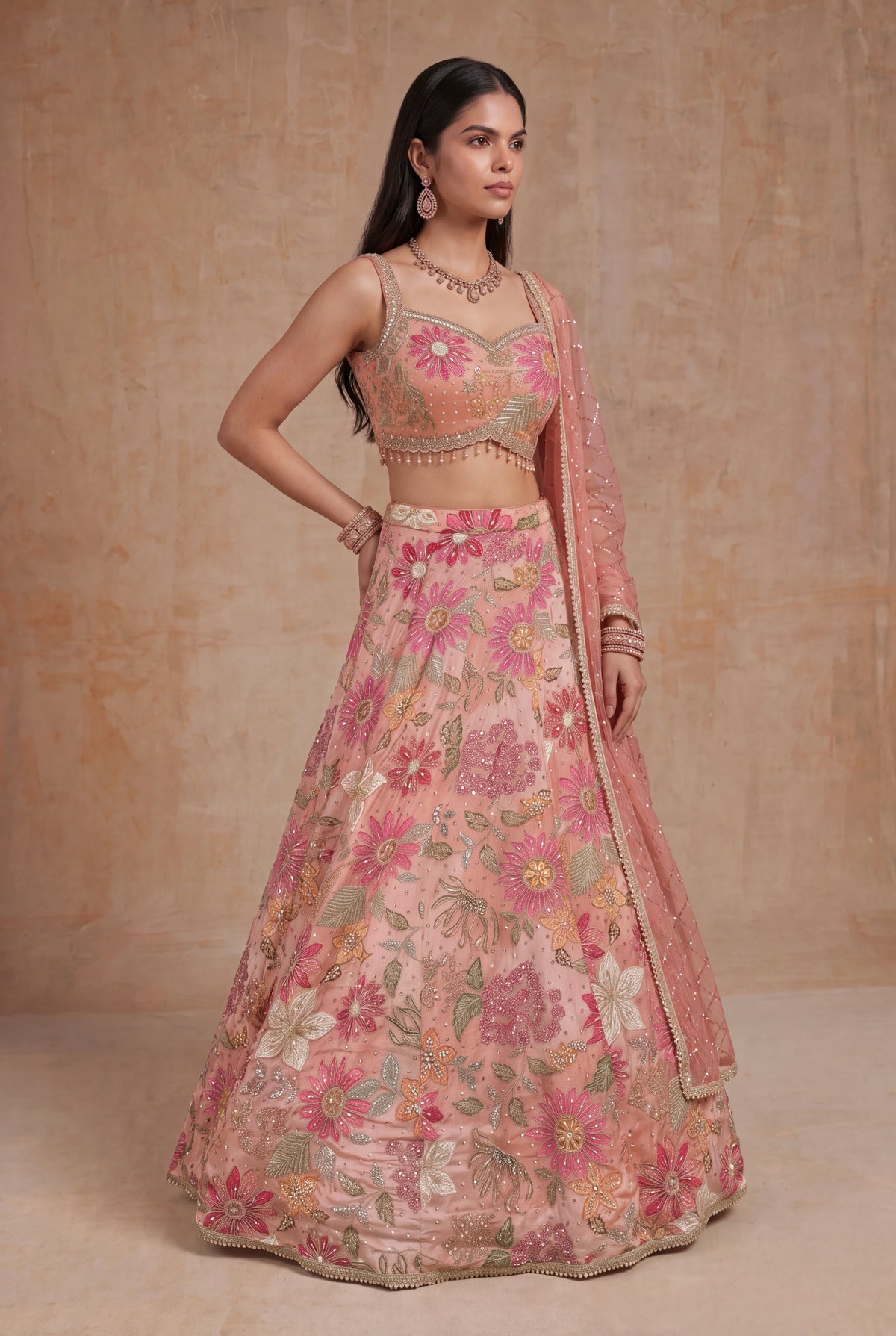 Peach Crepe Silk Lehenga
