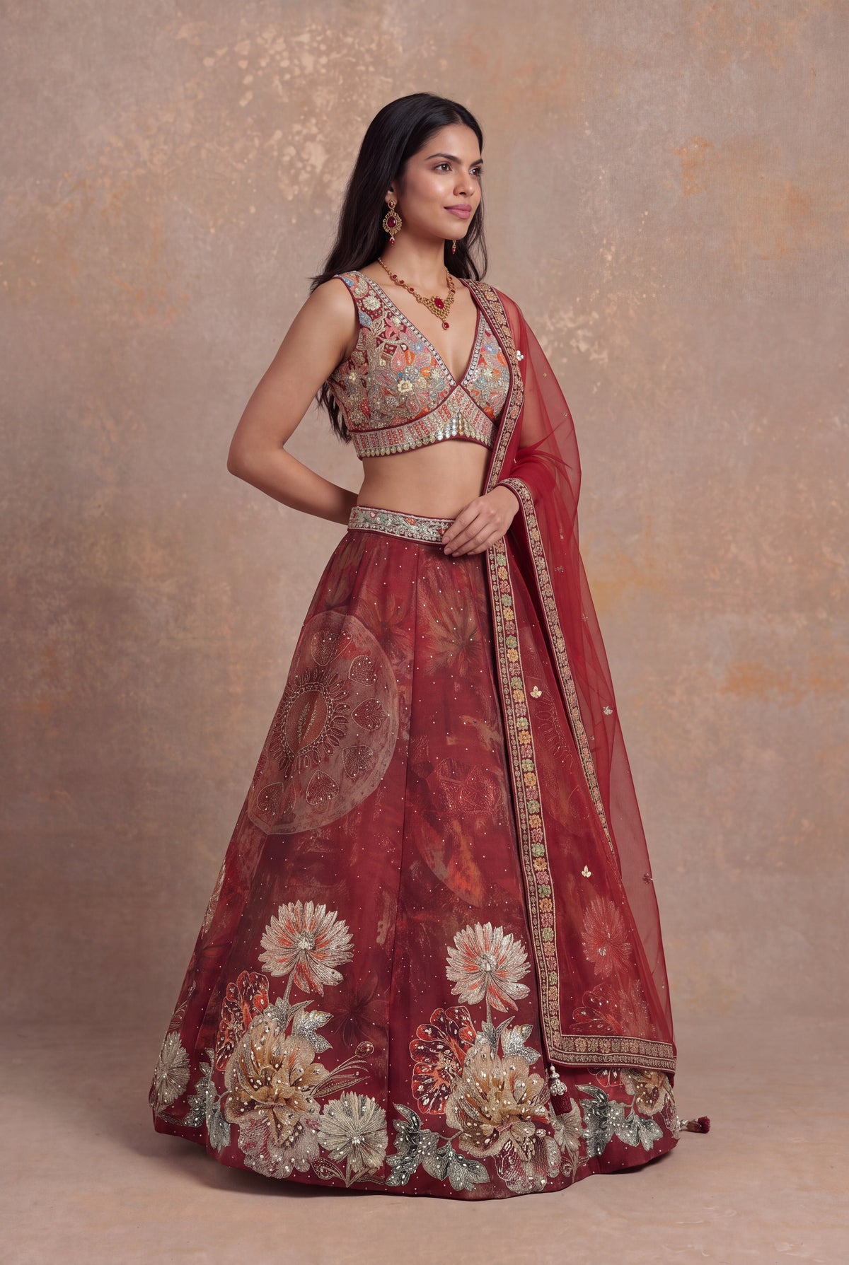 Deep Red Printed Silk Lehenga Set with Mirror Work