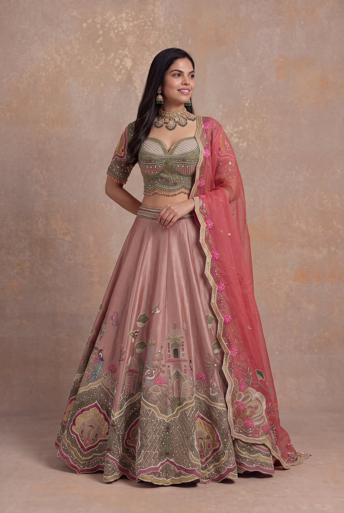 Dusty Rose Tissue Lehenga Set with Velvet Applique