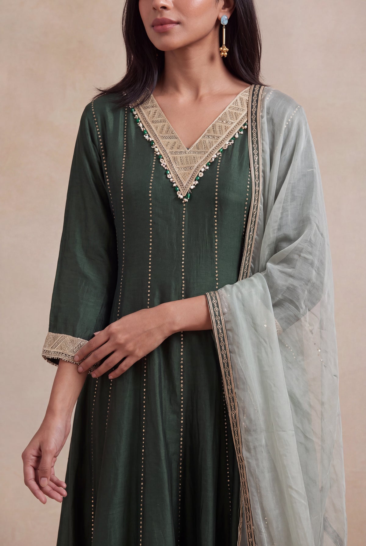 Bottle Green Silk A-Line Salwar Suit with Tissue Dupatta