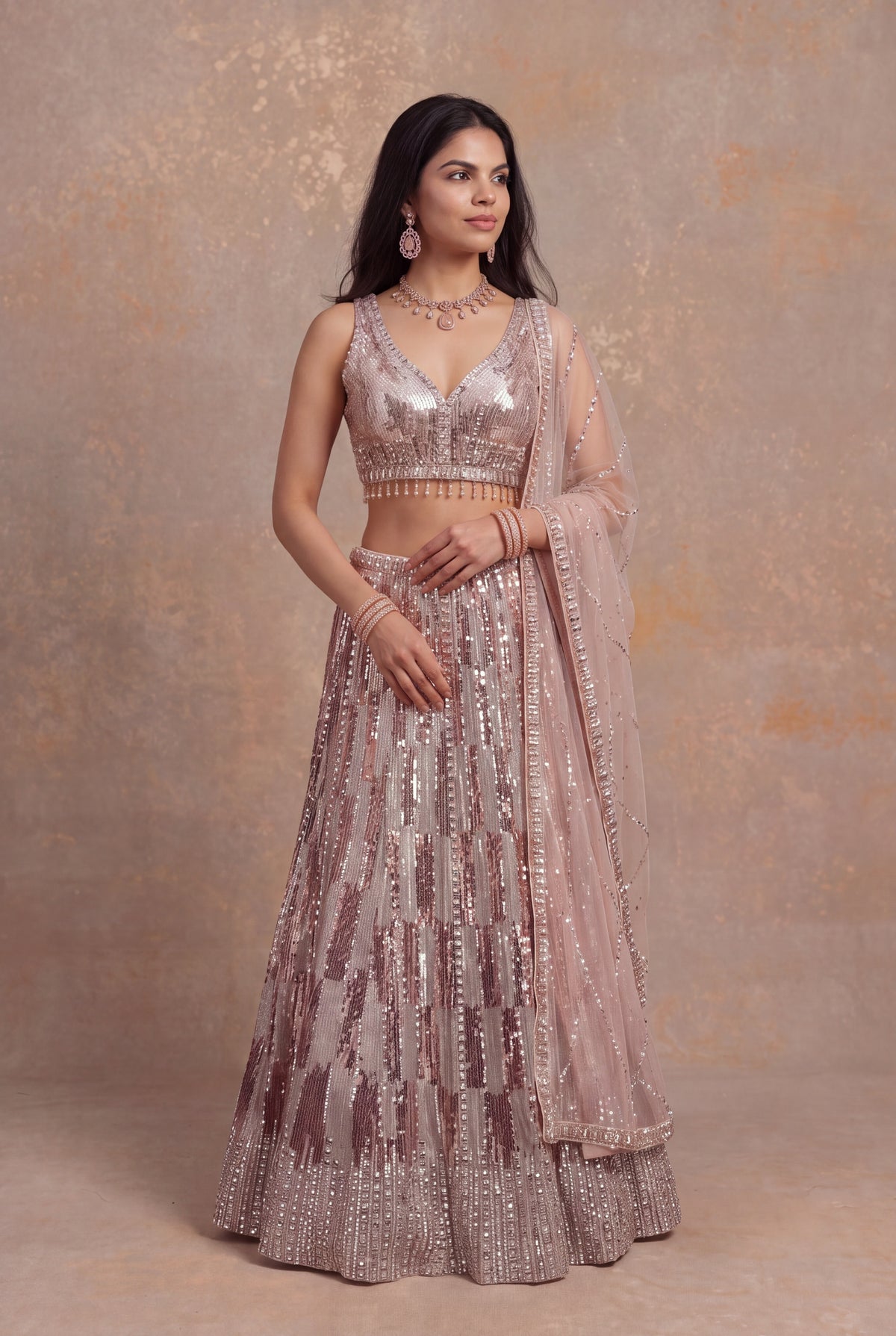 Peach Sequin & Katdana Embellished Net Lehenga