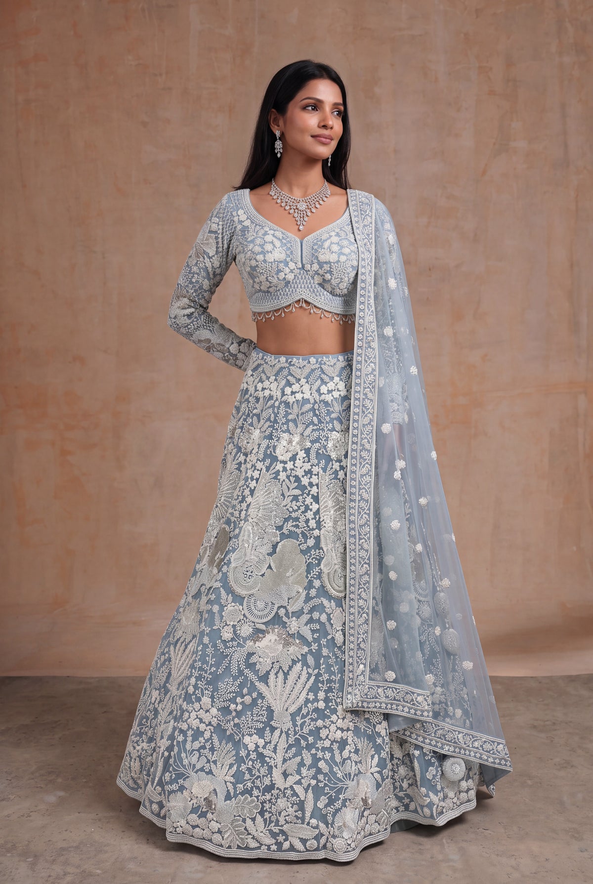 Sky Blue Net Lehenga with White Sequin and Pearl Work