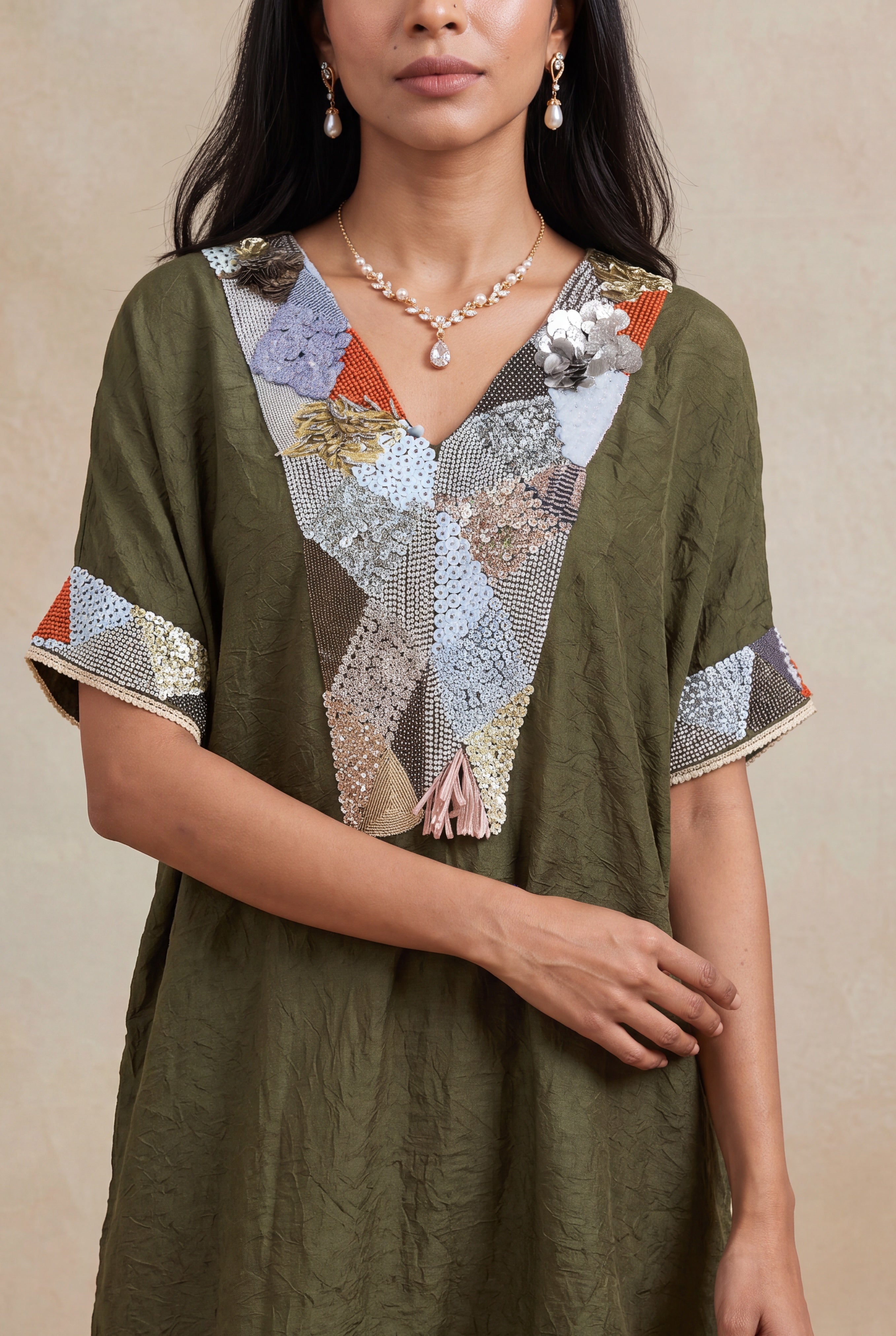 Mehendi Green Soft Silk Kaftan Co-ord Set