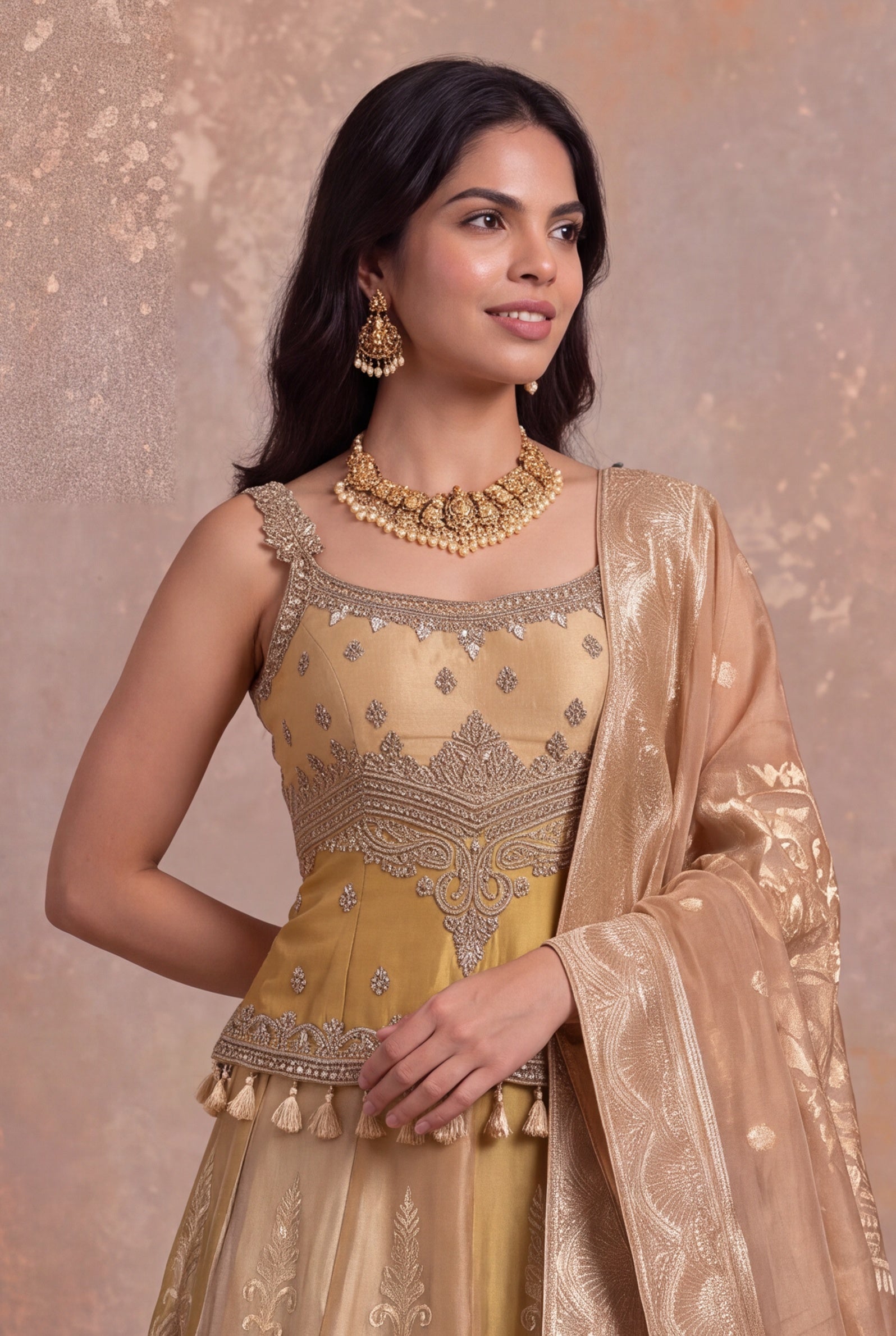 Gold Banarasi Tissue Lehenga with Zardosi & Pearl Work