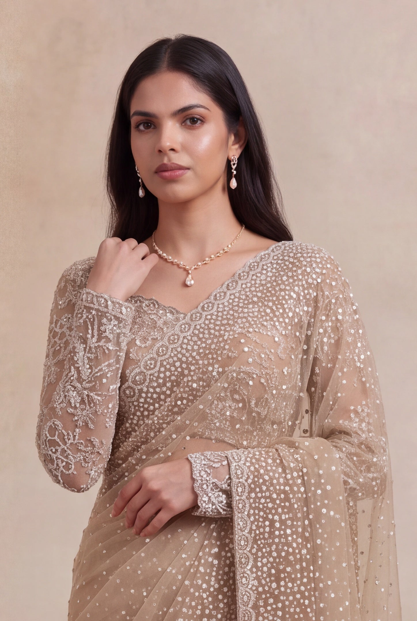 Champagne Beige Net Designer Saree
