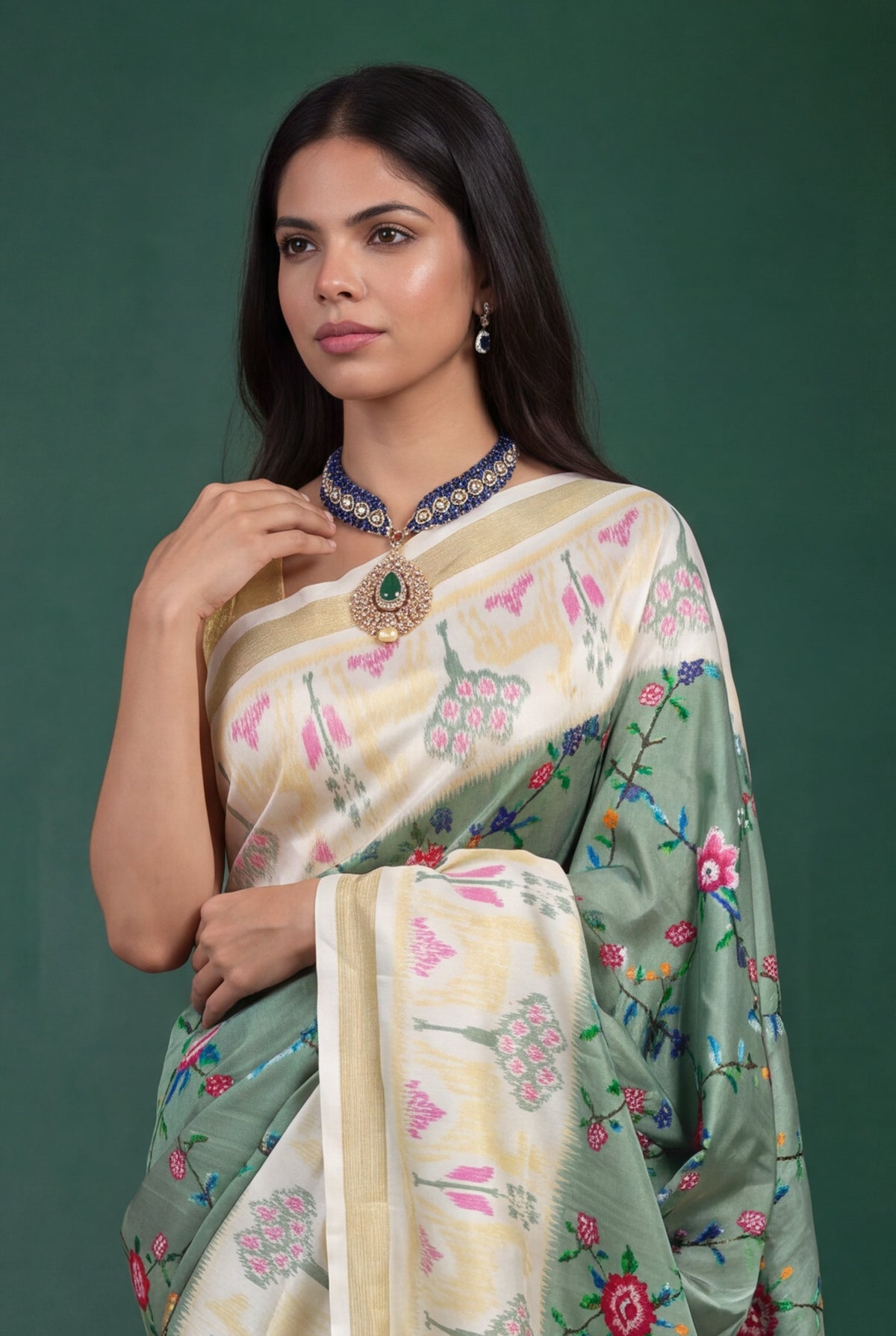 Sage Green Twill Silk Patola Saree