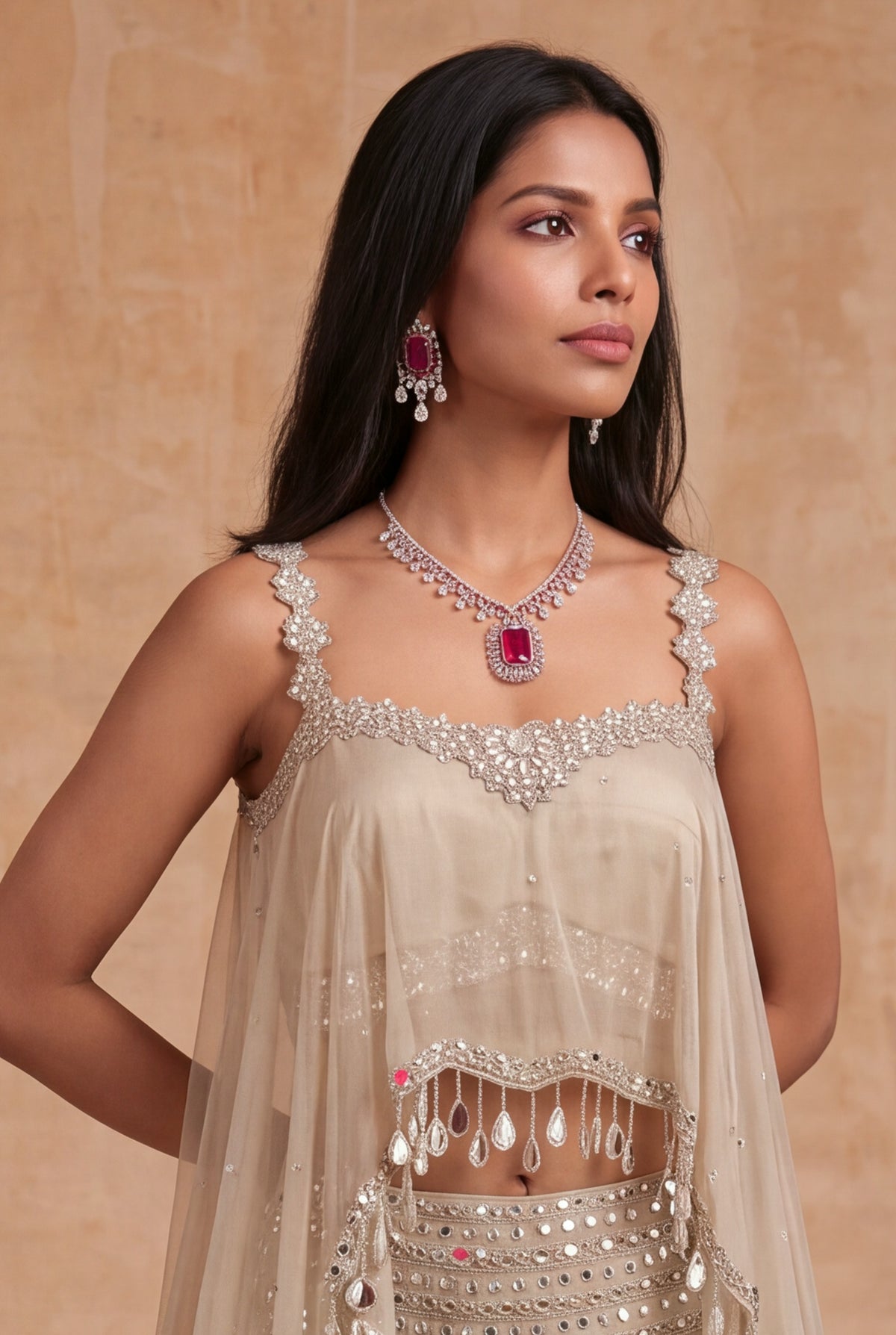 Beige Mirror Work Tissue Lehenga Set