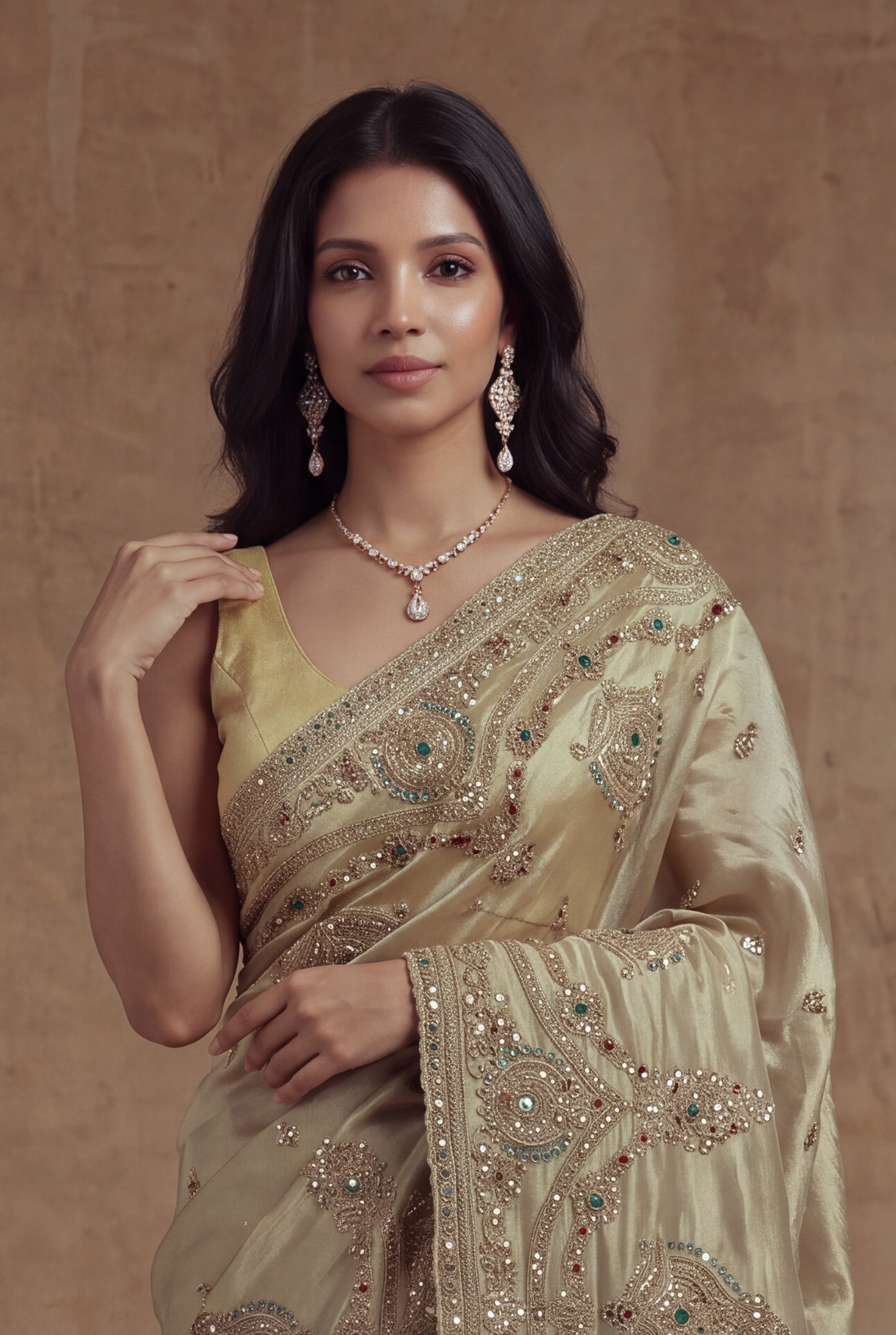 Antique Gold Tissue Zardosi Saree