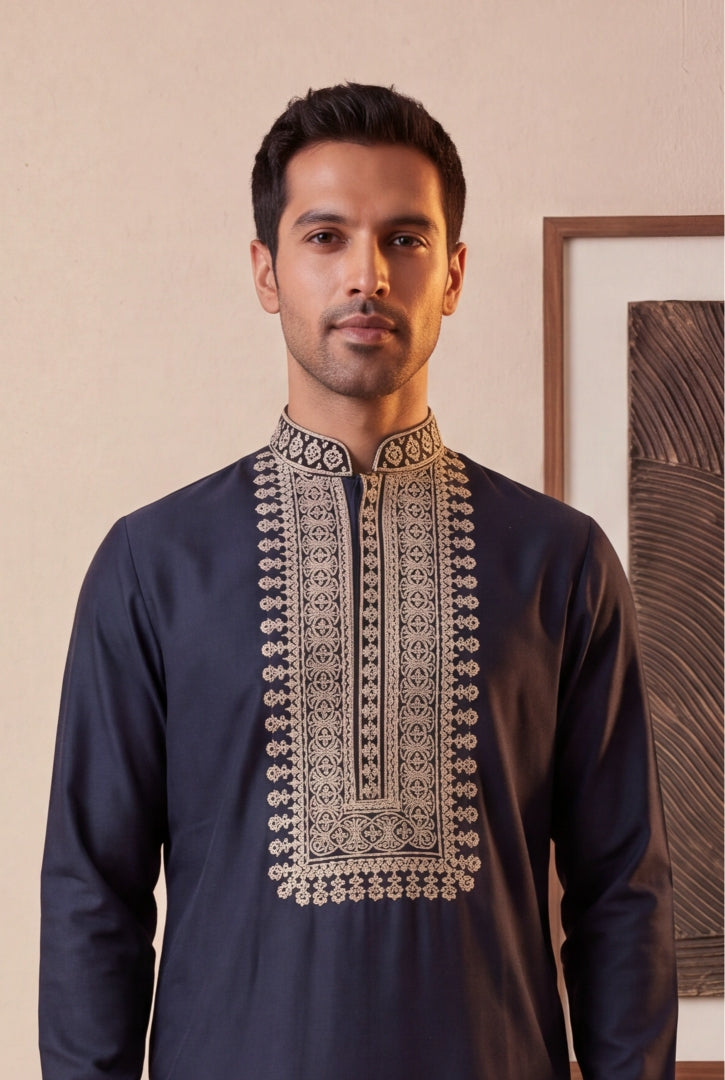 Navy Blue Embroidered Silk Kurta Set