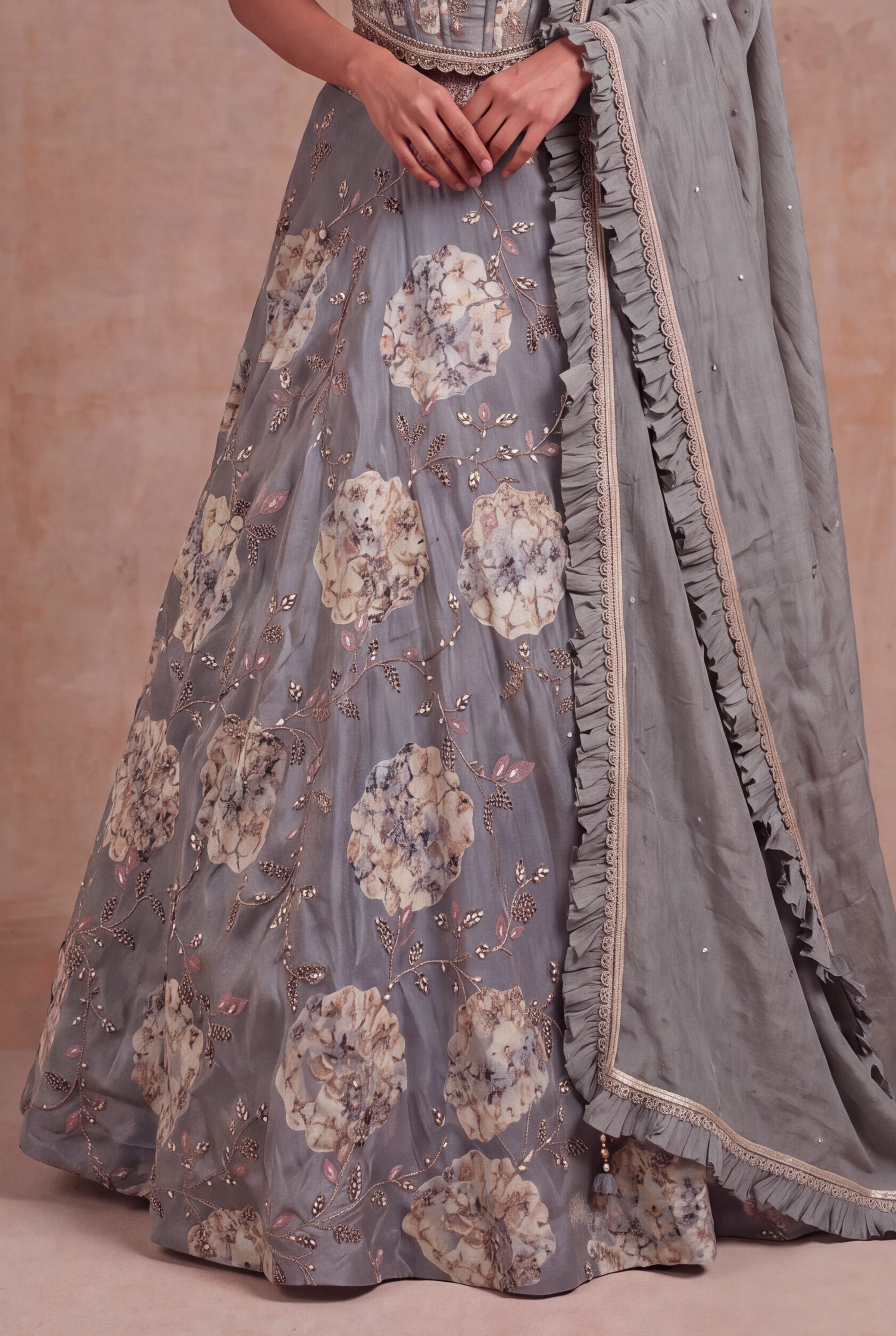 Grey Tissue Silk Floral Lehenga with Zari Work