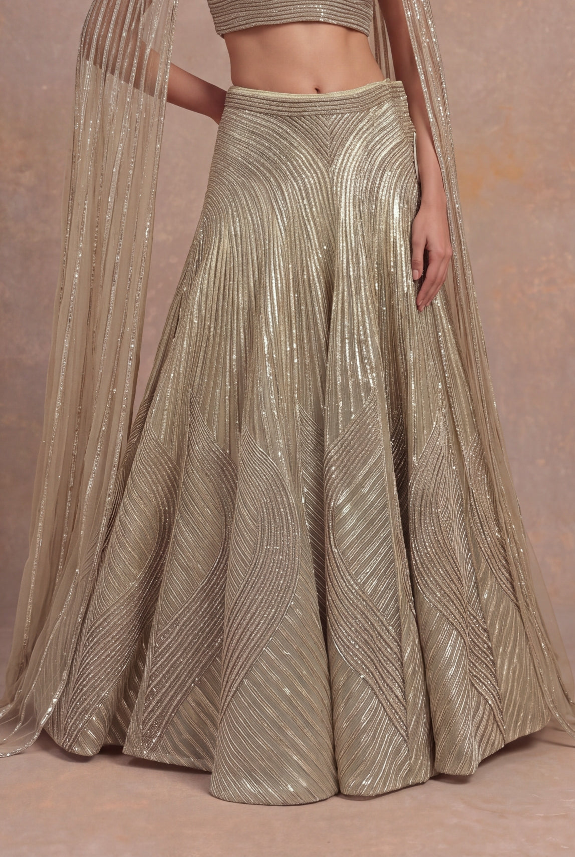 Gold Organza Lehenga with Attached Dupatta Blouse
