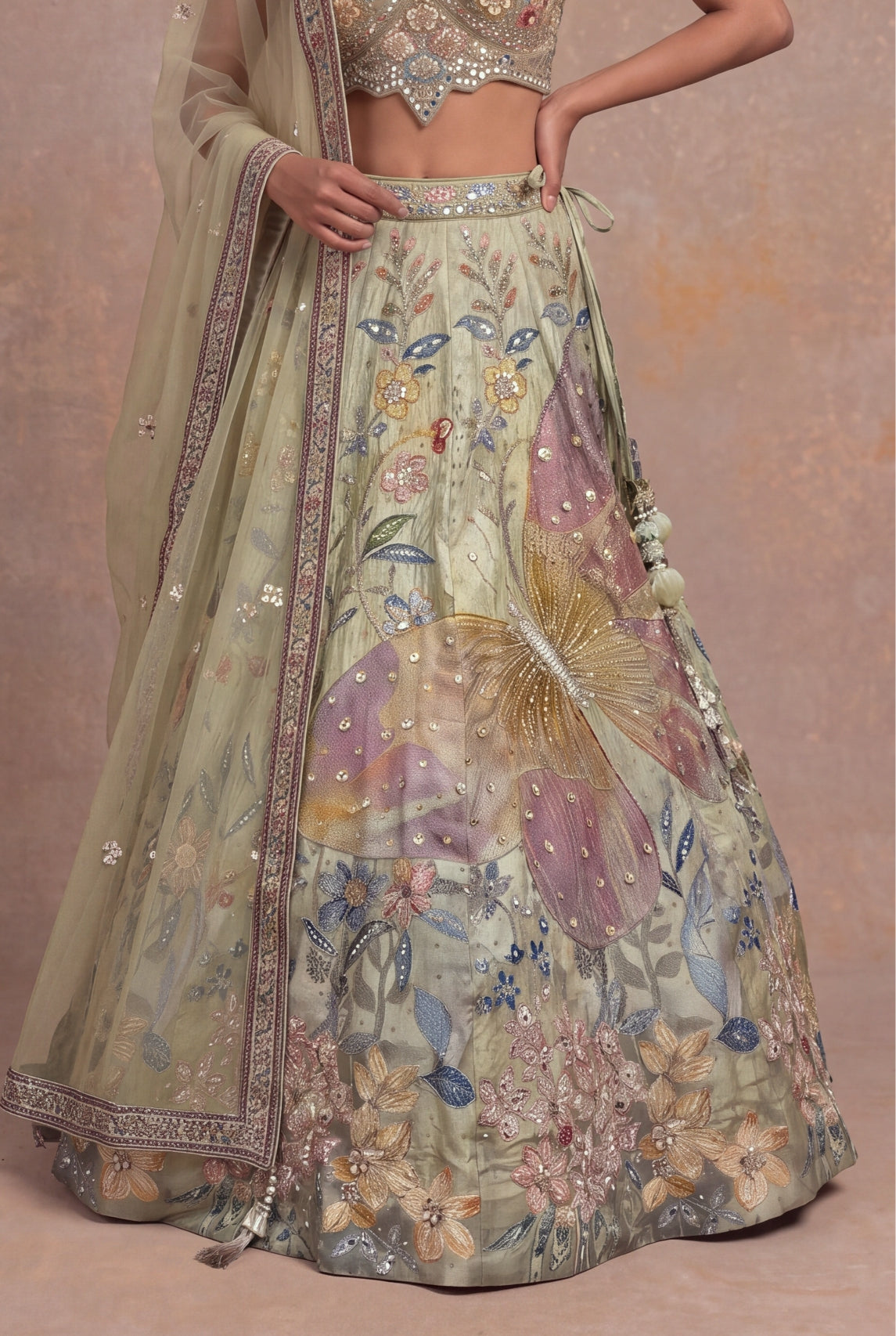 Pista Green Silk Floral Embroidered Lehenga