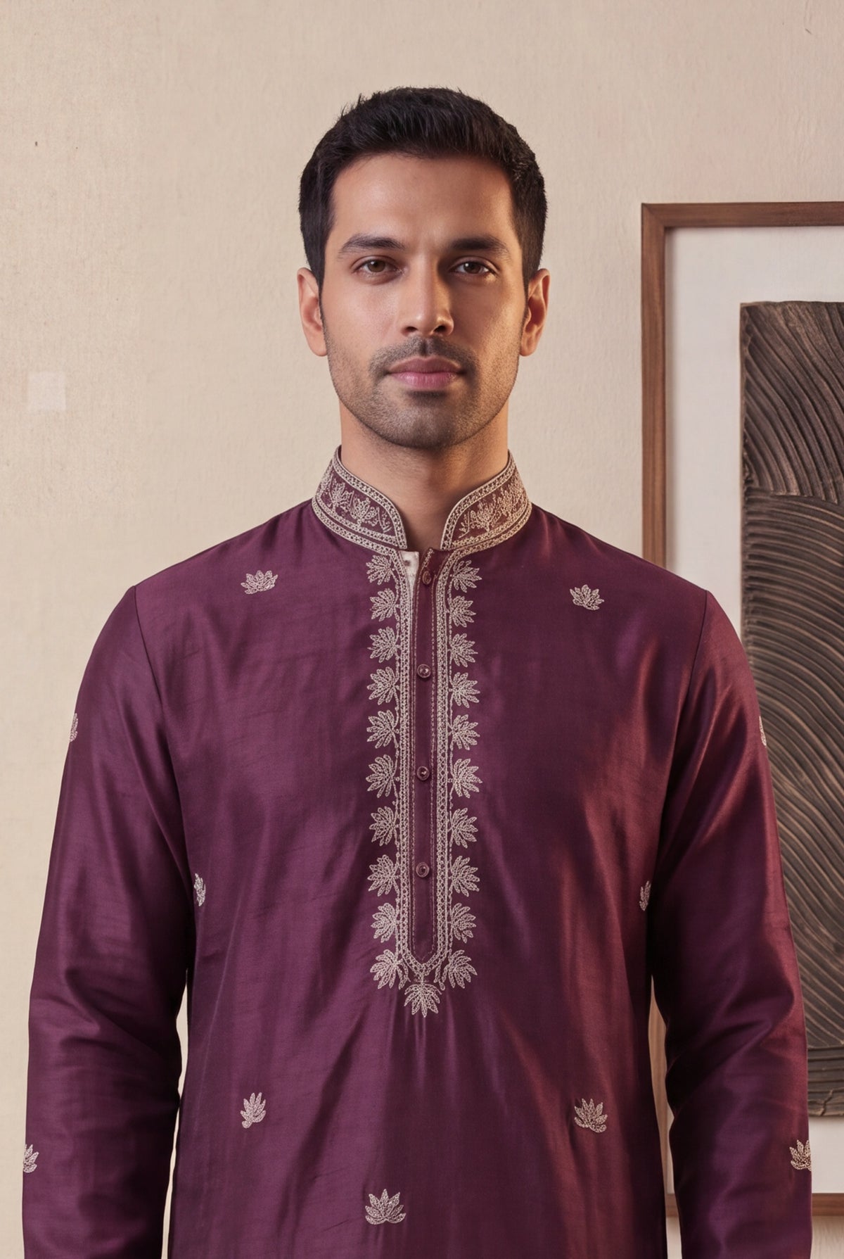 Wine Raw Silk Kurta Pant Set