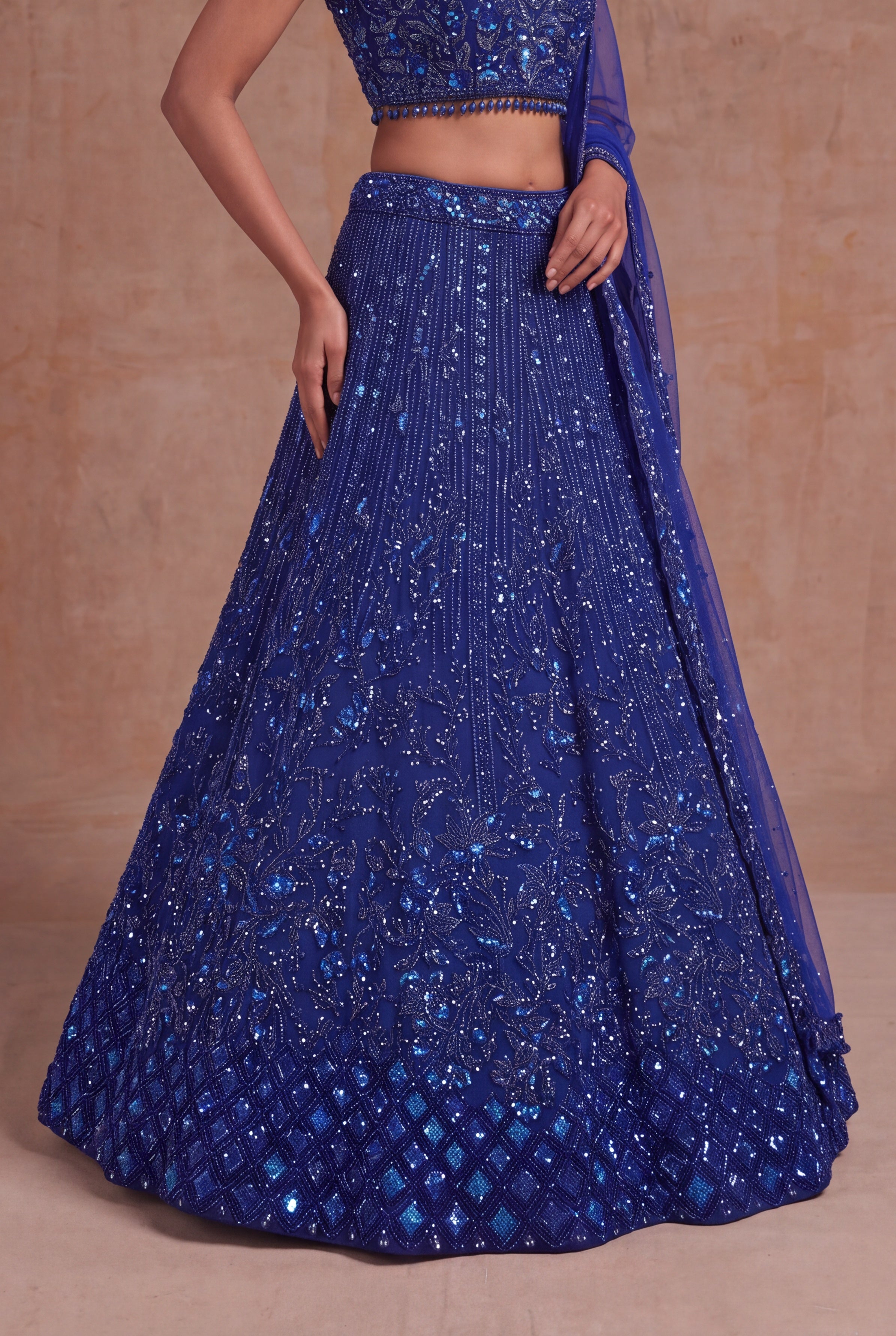 Royal Blue Net Lehenga with Sequin, Kutdana & Stone Embroidery
