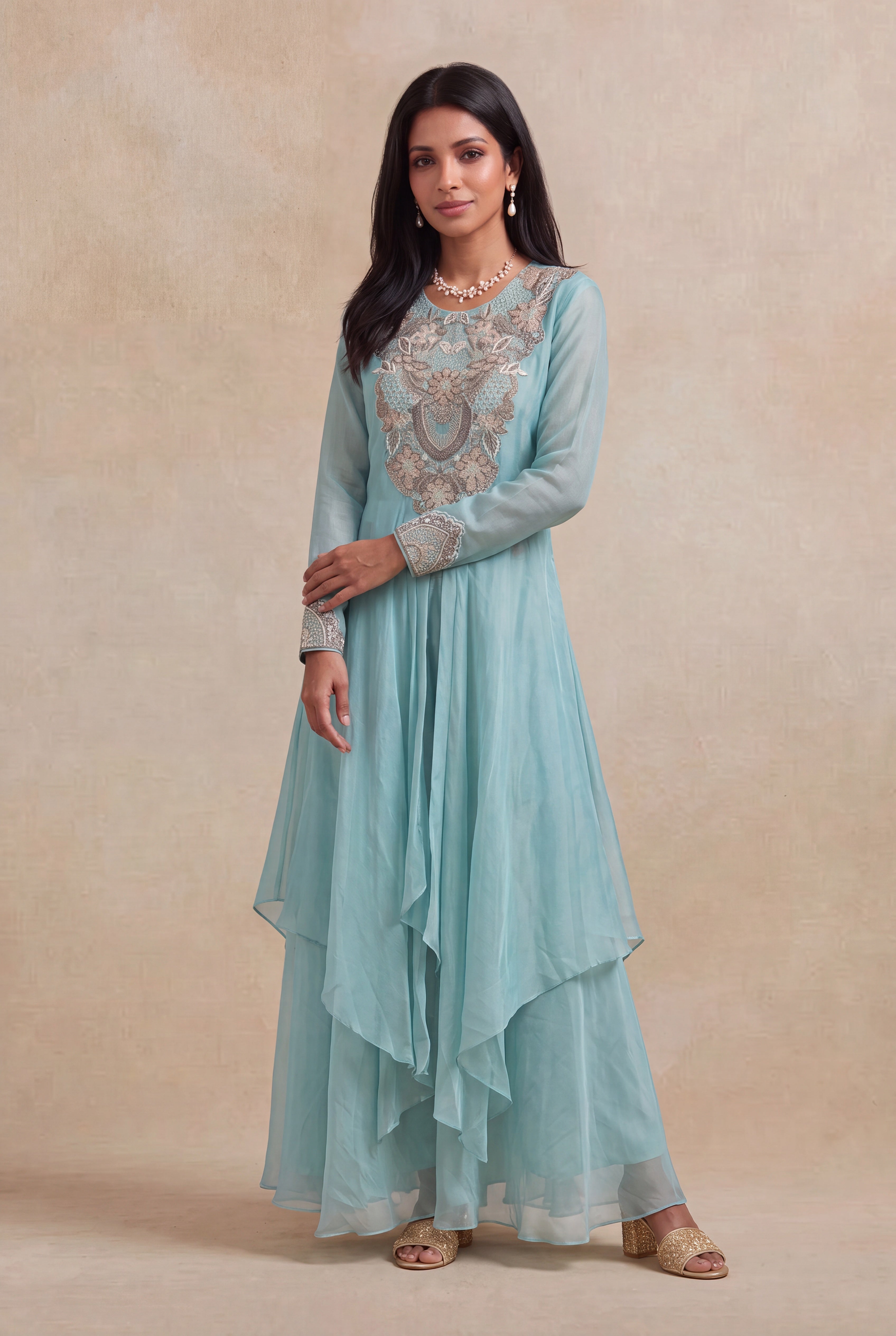 Powder Blue Tissue Indo-Western Layered Co-Ord