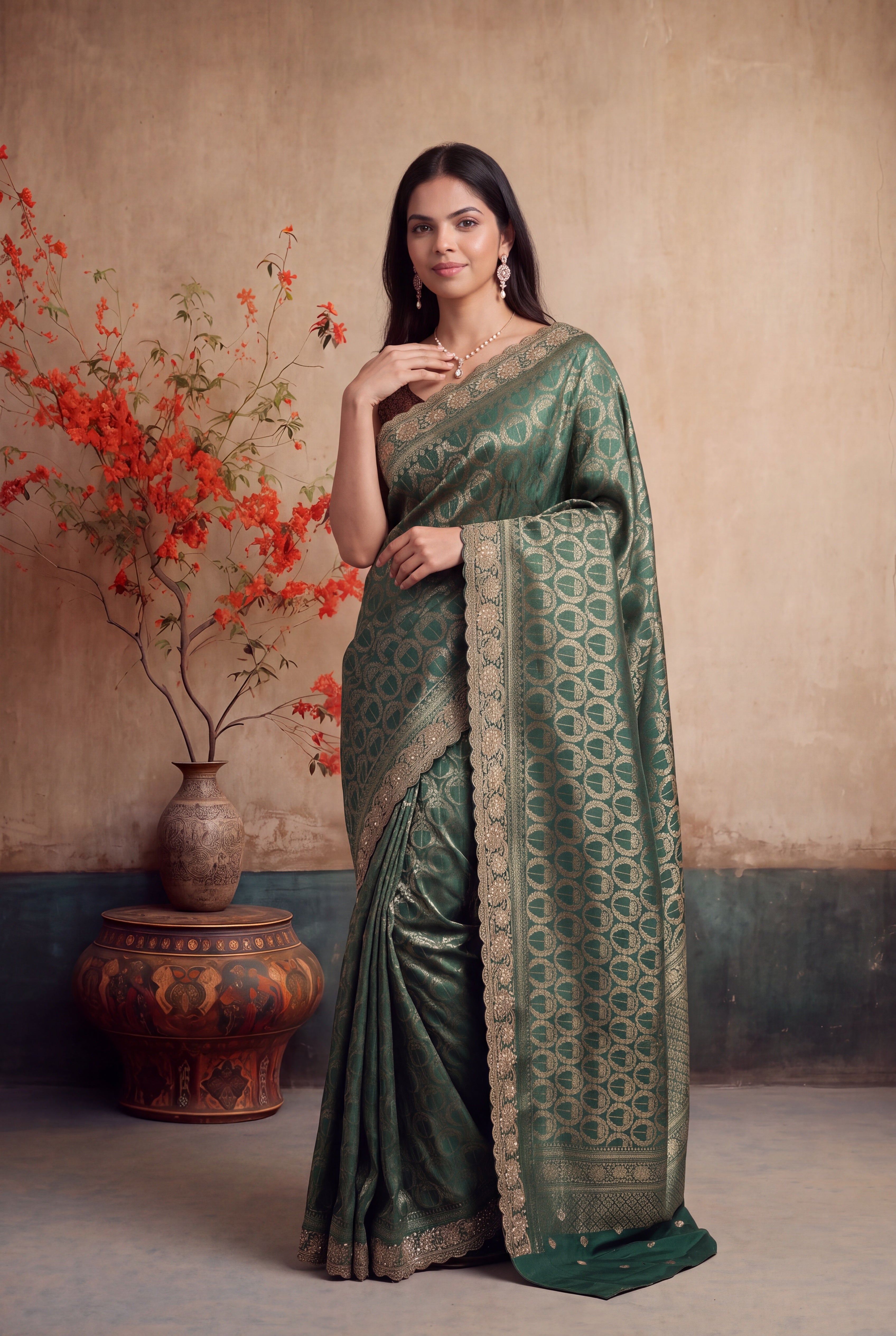 Dark Green Banarasi Saree with Zari & Zardozi Border