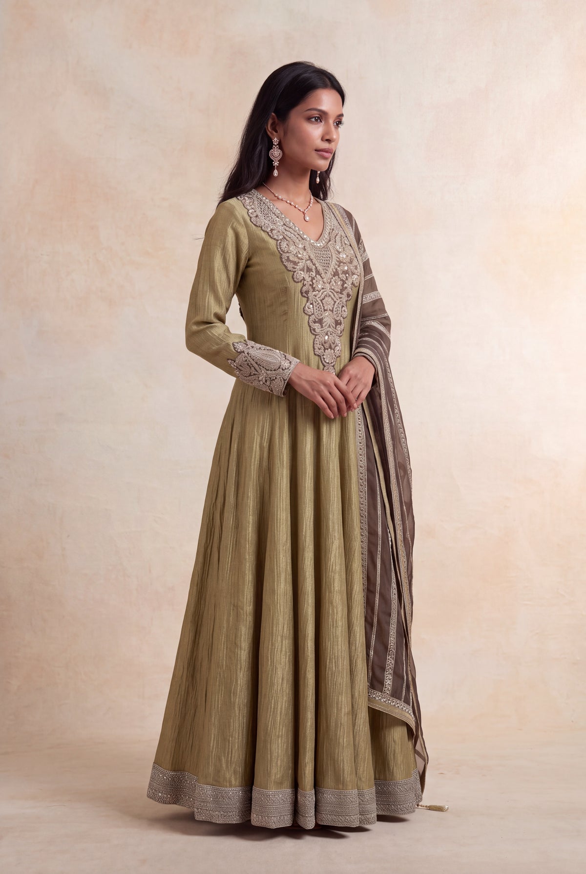 Olive Crush Tissue Anarkali