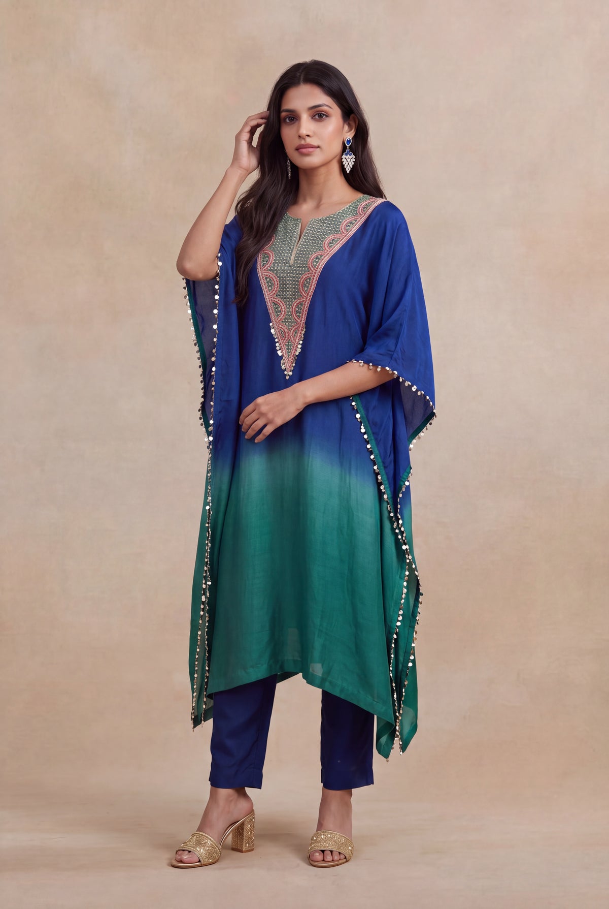 Blue & Emerald Raw Silk Embellished Kaftan Set