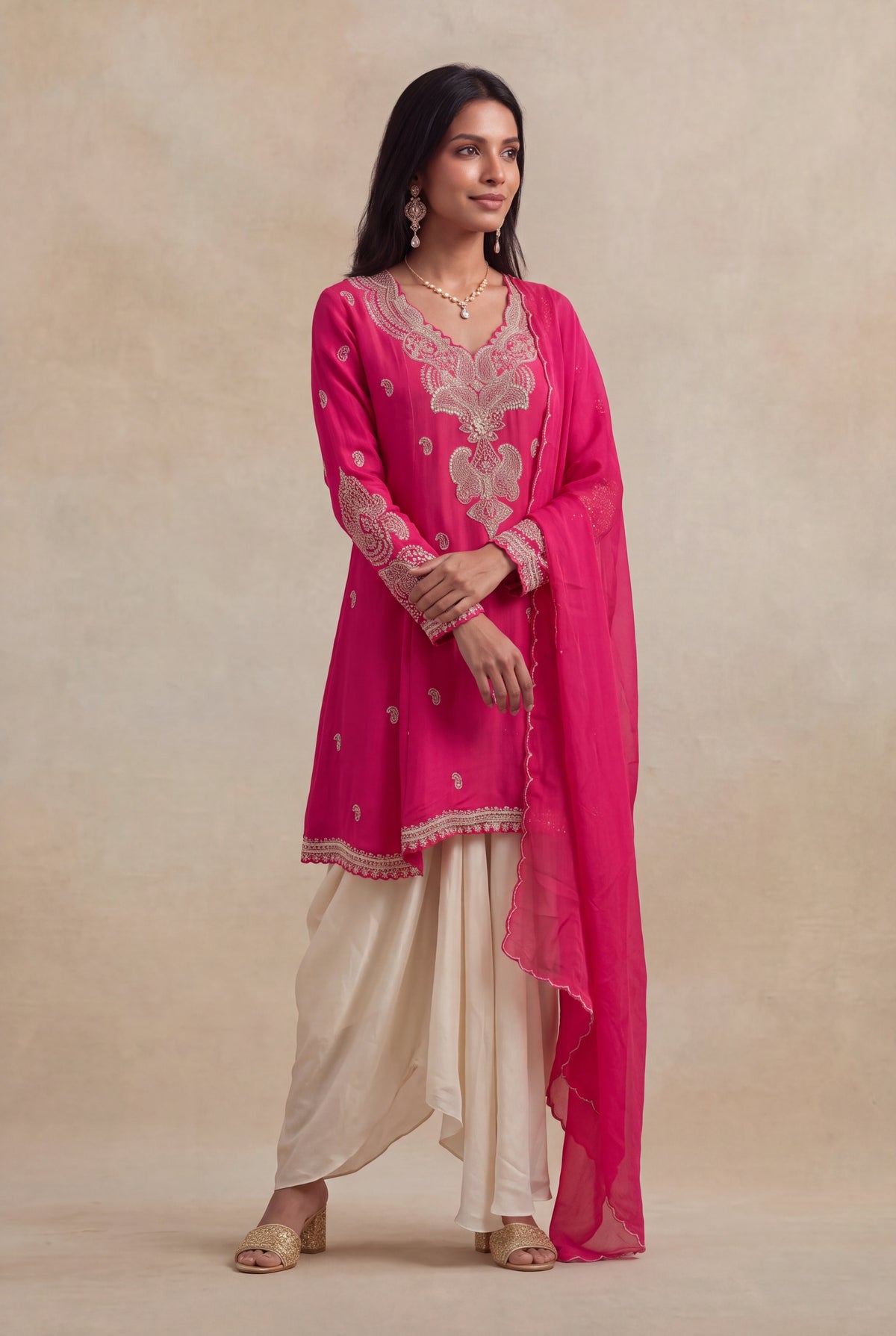 Rani Pink Chinon Indo-Western Drape Set