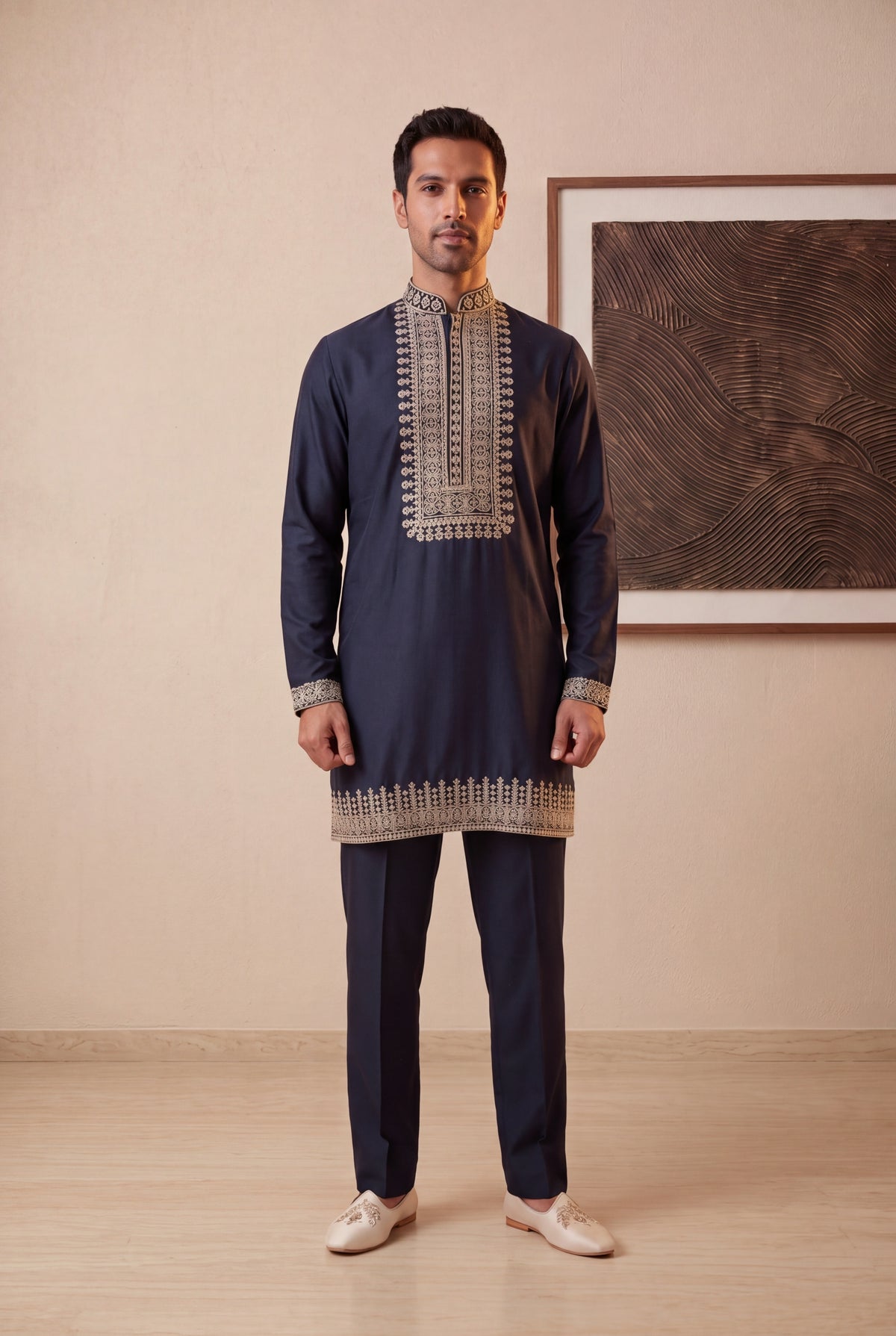 Navy Blue Embroidered Silk Kurta Set
