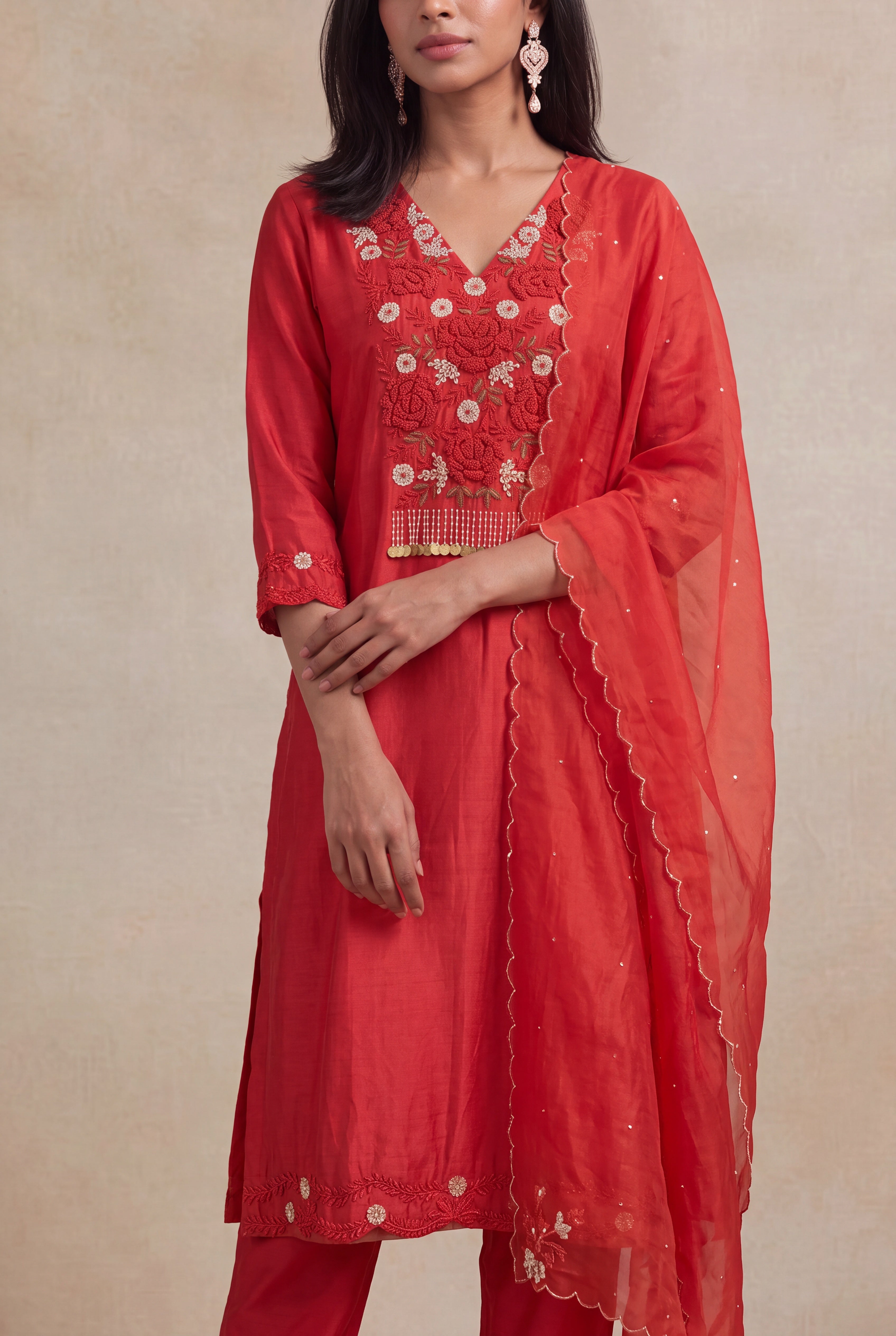 Red Chanderi Silk Embroidered Straight-Cut Salwar Set