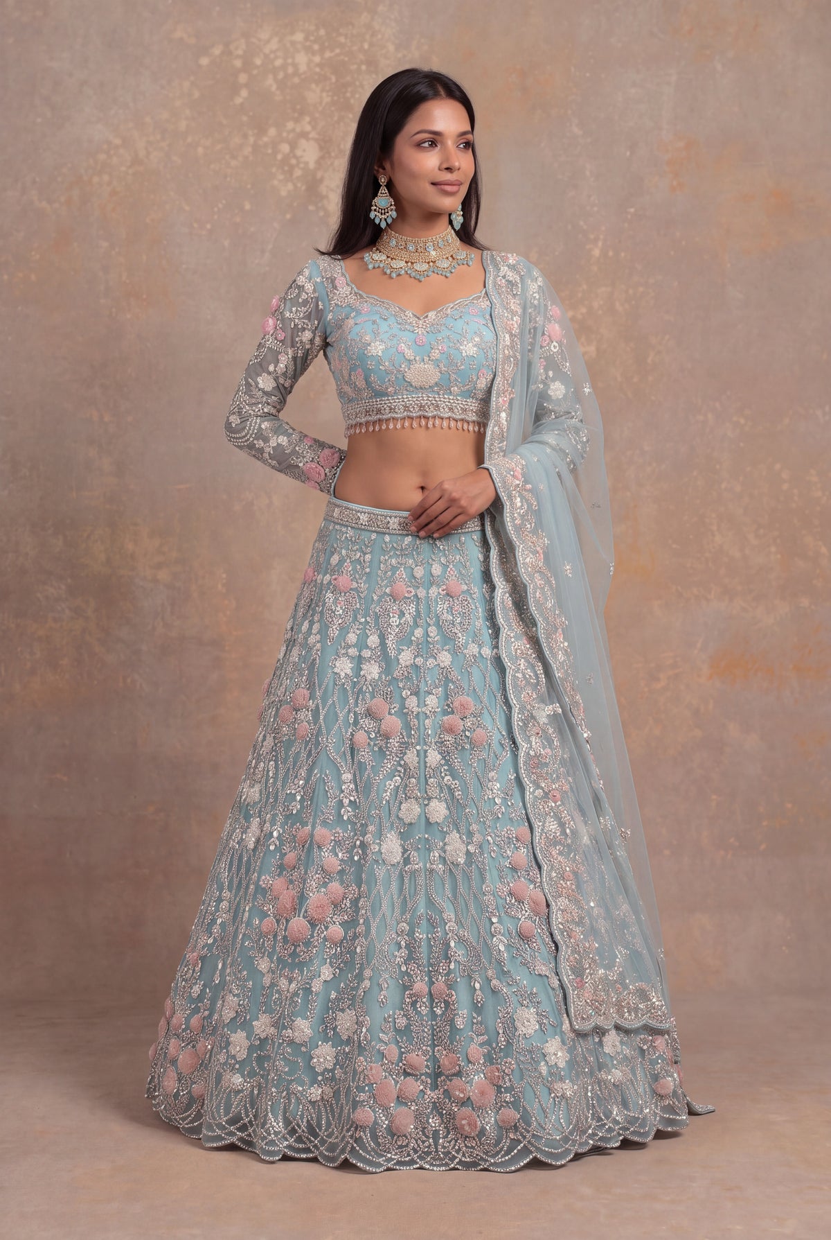 Sea Blue Net Lehenga Set with Sequin and Floral Applique Work