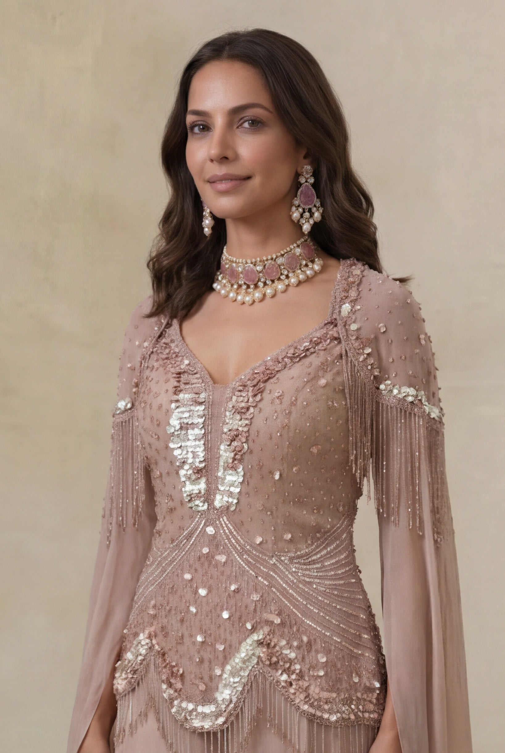 Dusty Mauve Georgette Sequin & Katdana Indo Western Set
