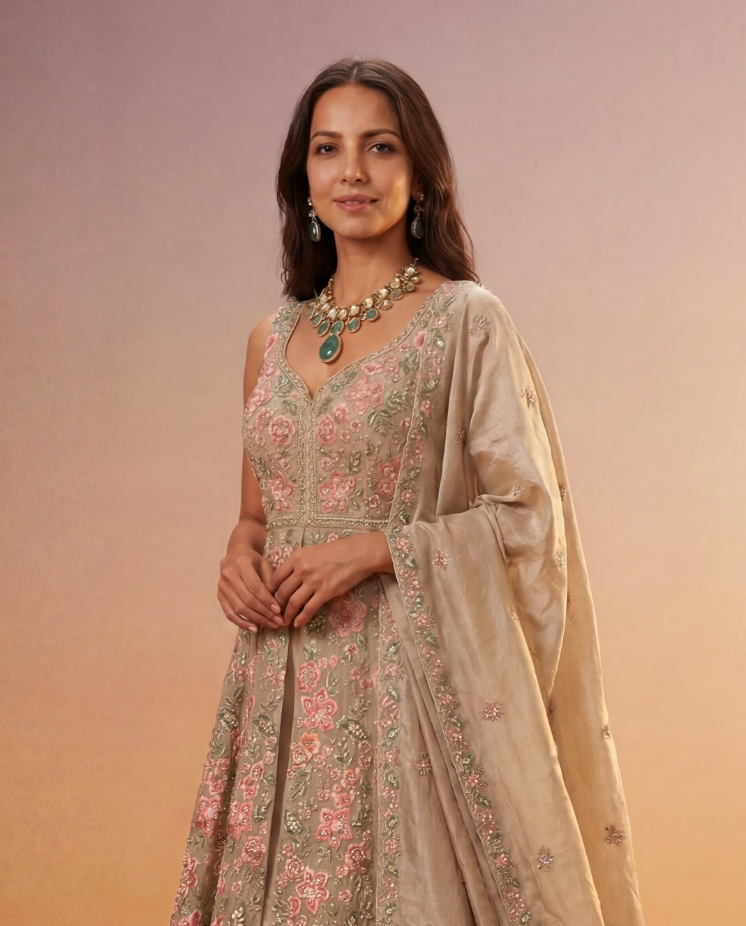 Champagne Beige Tissue Silk Indo-Western Lehenga