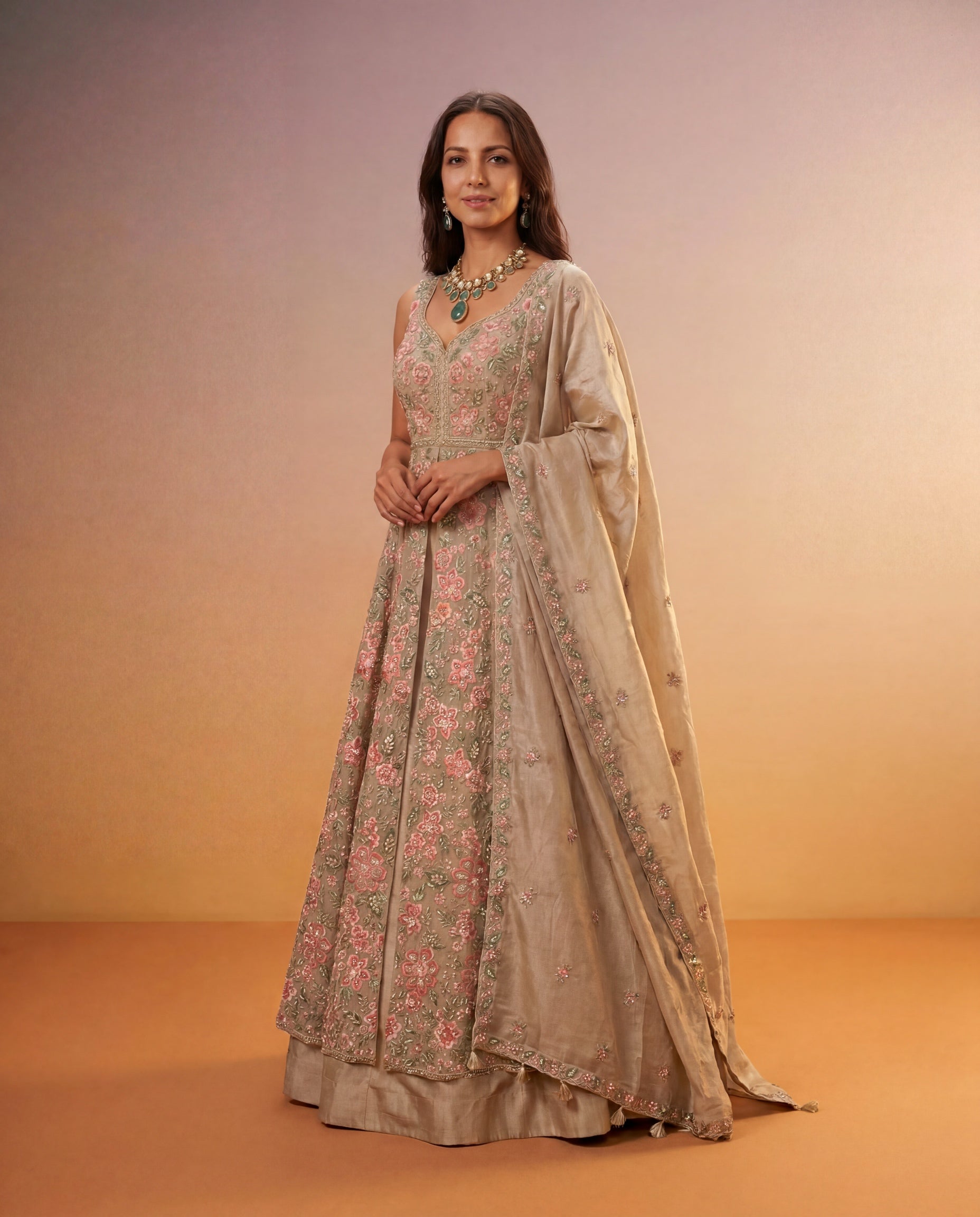 Champagne Beige Tissue Silk Indo-Western Lehenga