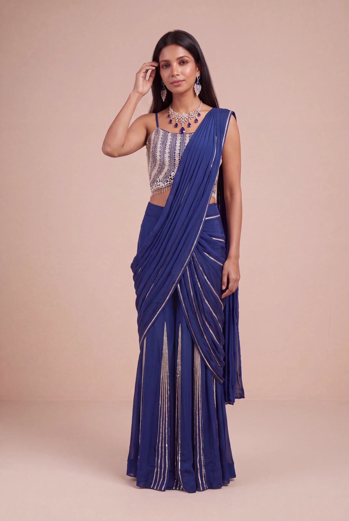Royal Blue Chinon Crepe Draped Saree