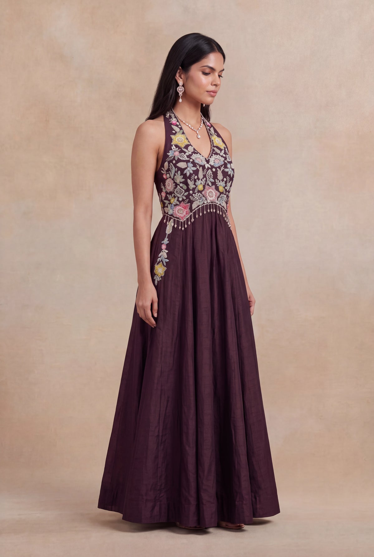 Wine Raw Silk Floral Embroidered Western Gown