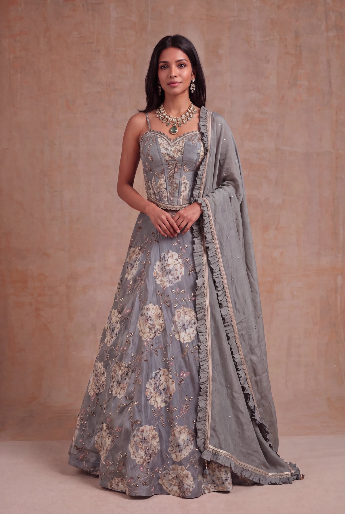 Grey Tissue Silk Floral Lehenga with Zari Work