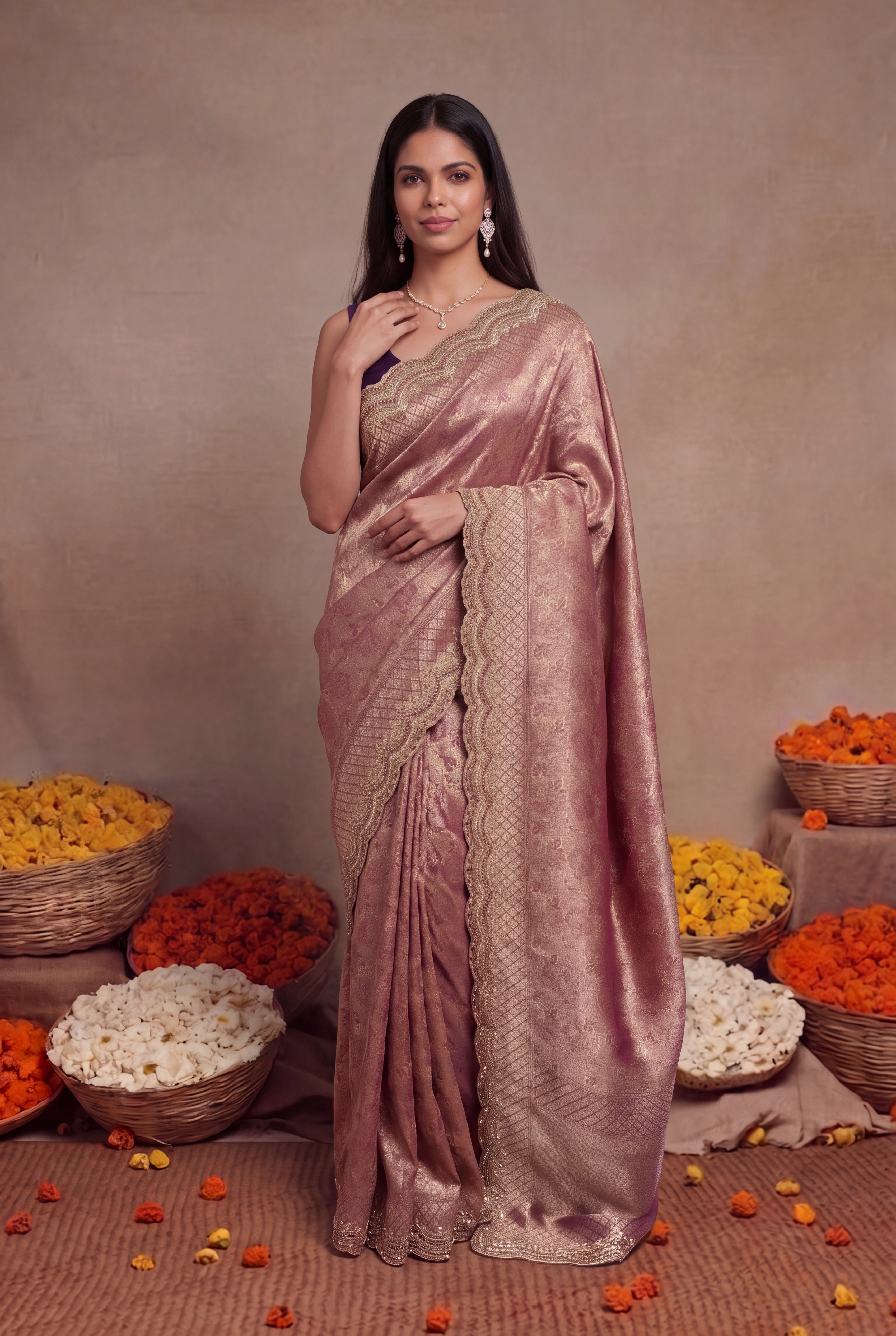 Wine Banarasi Silk Zardozi Saree