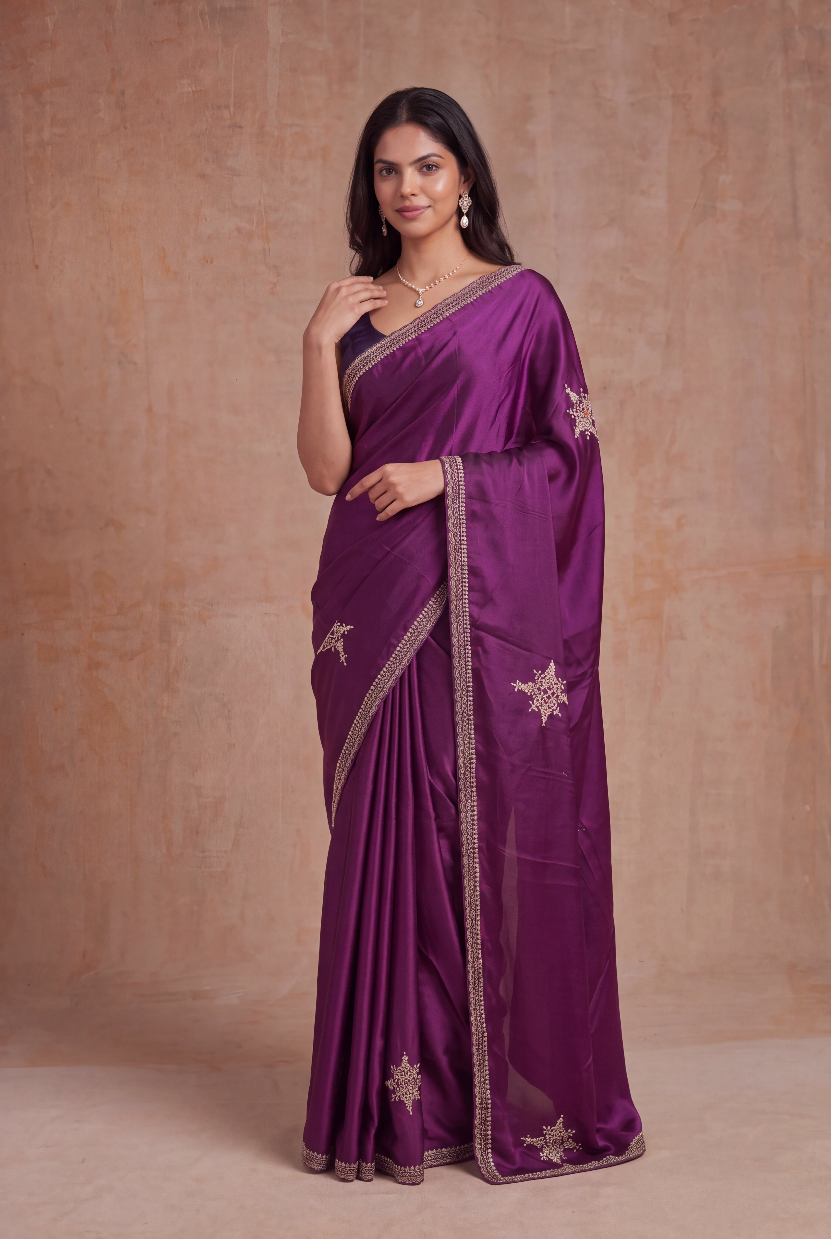 Wine Satin Zardozi Butta Saree