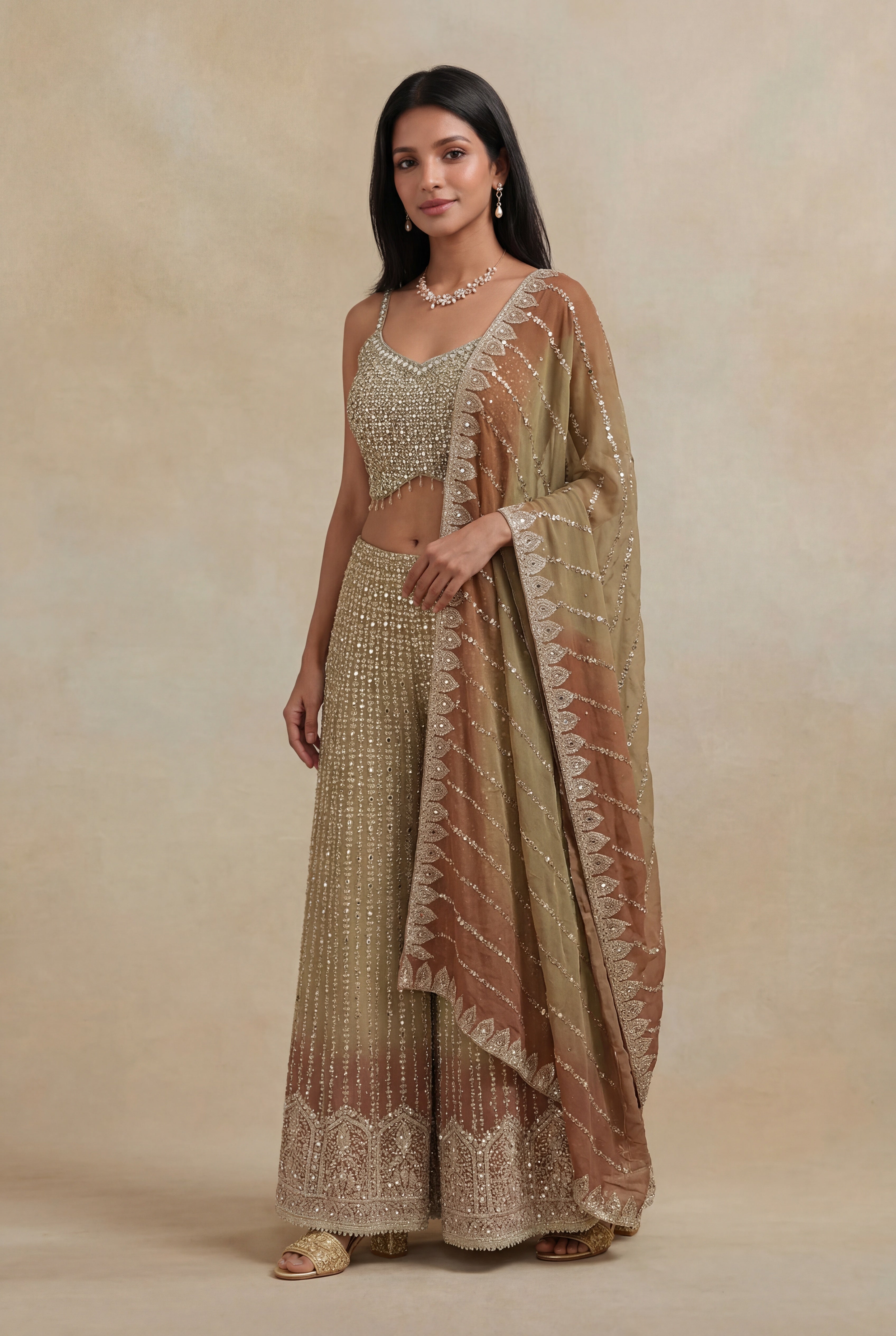 Gold Georgette Indo-Western Set with Stone & Mirror Work