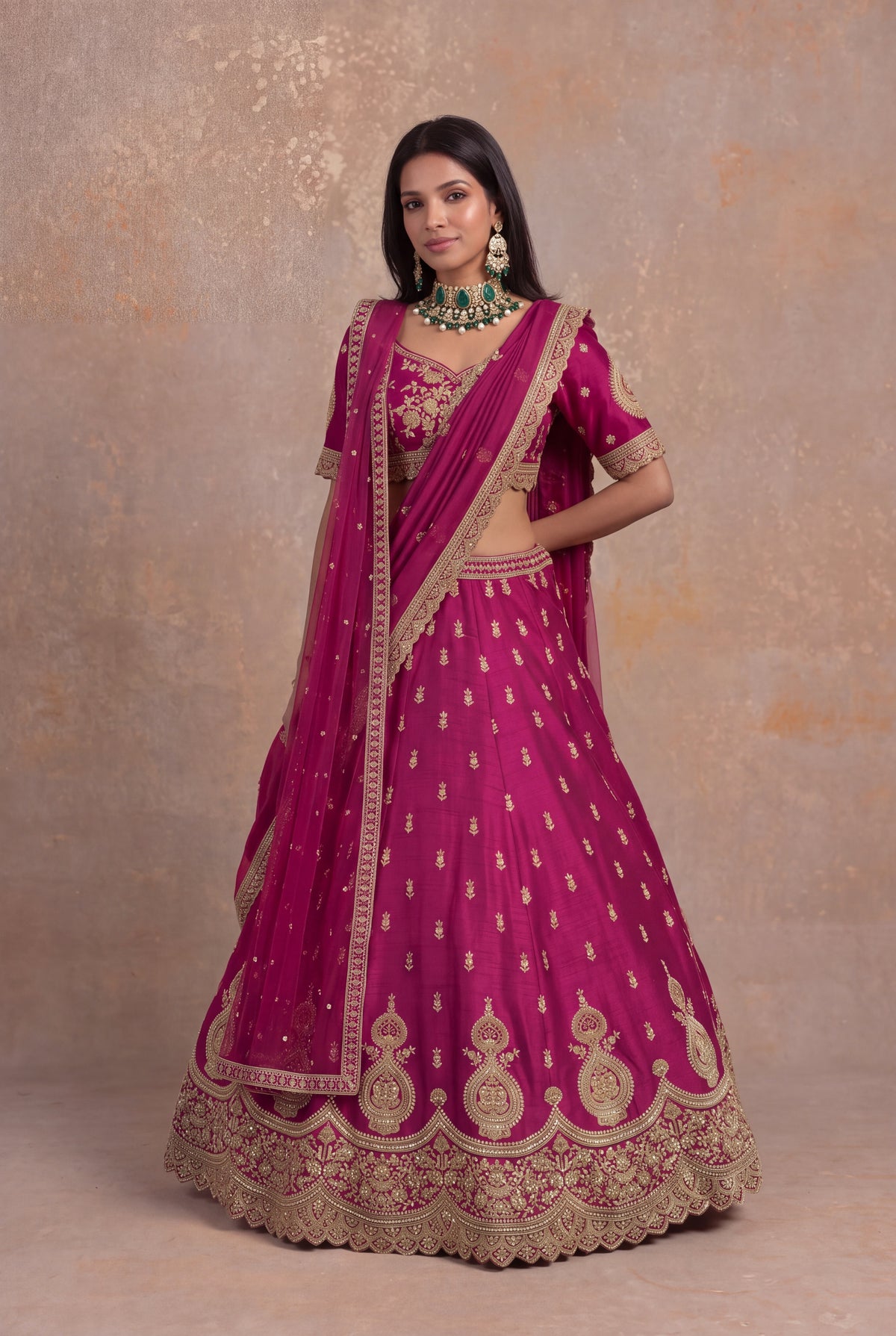 Magenta Raw Silk Lehenga Set with Zardozi and Kundan Work