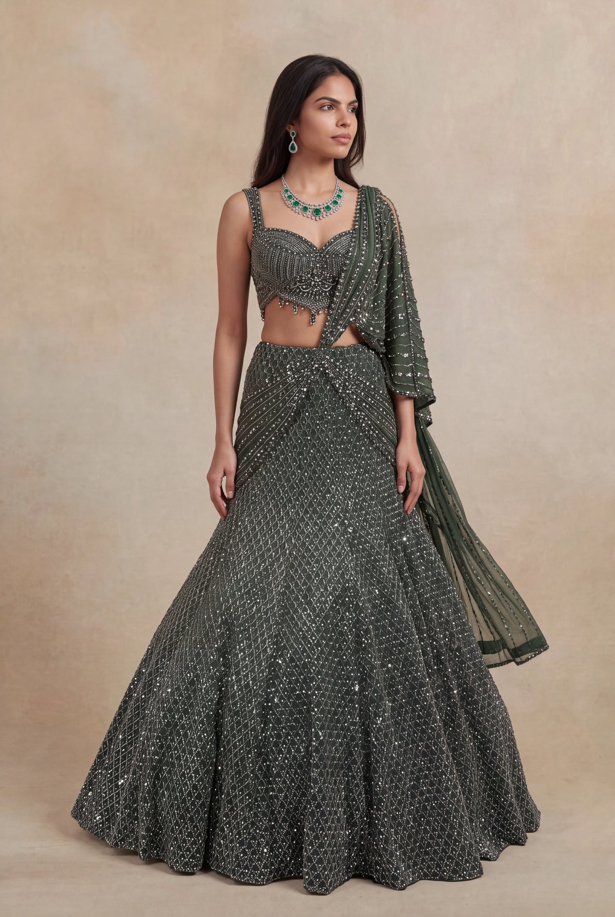 Mehandi Green Net Lehenga