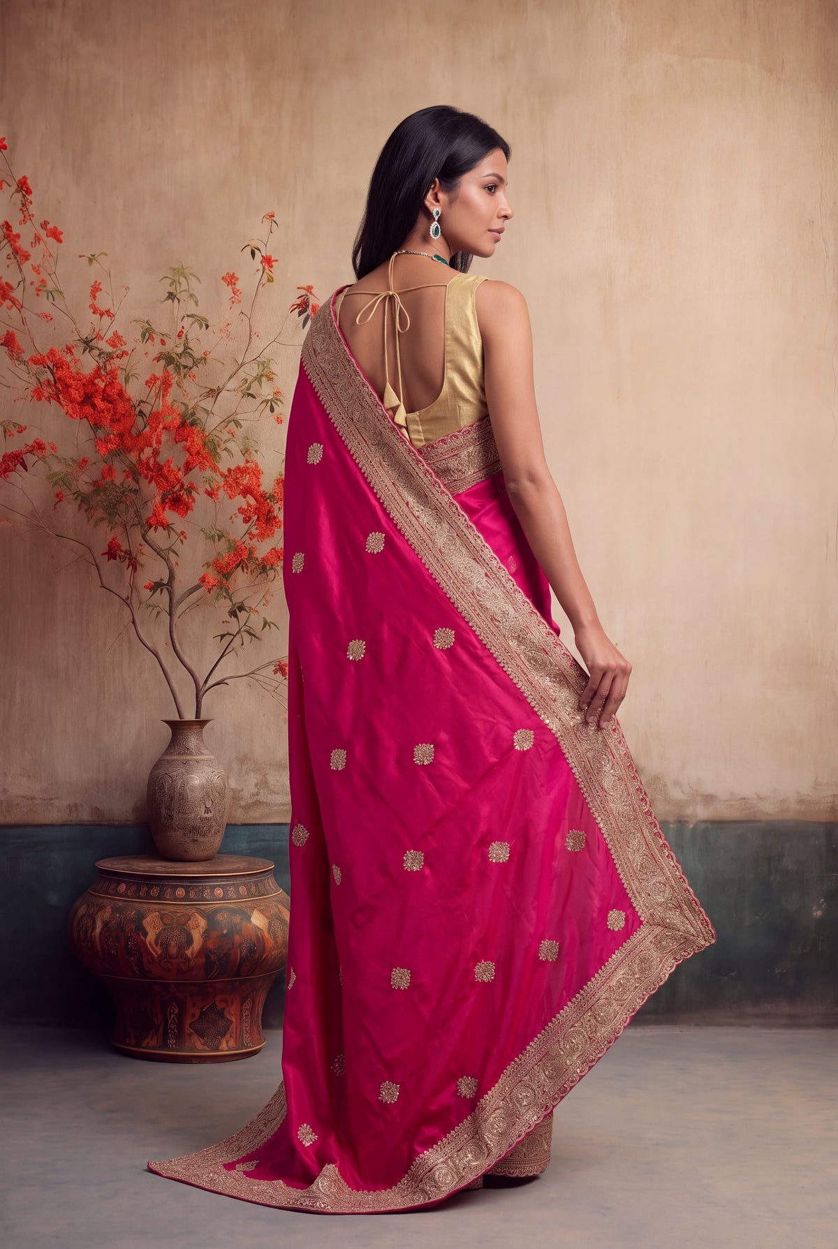 Rani Pink Satin Zardosi Saree