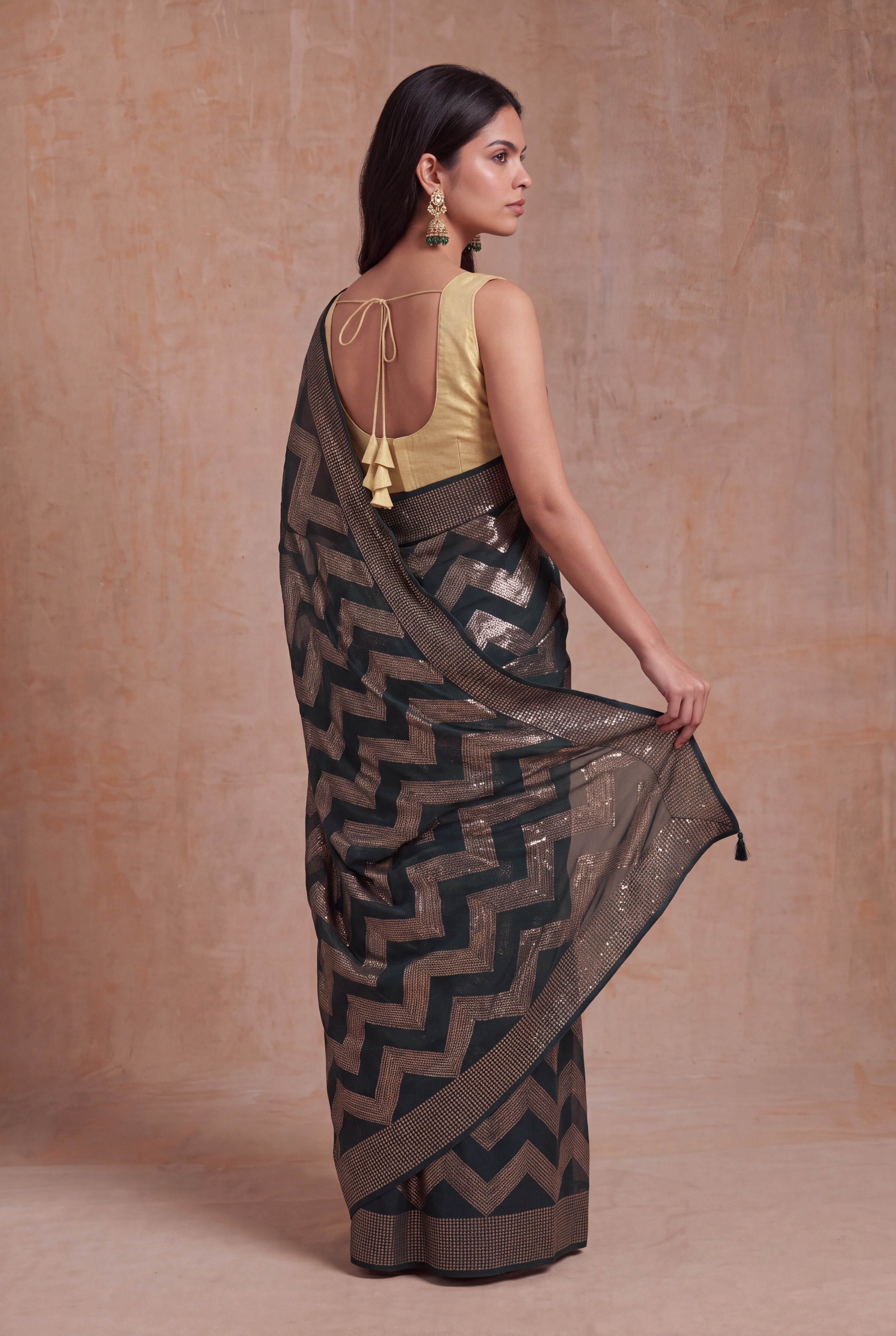 Bottle Green Georgette Sequin Wave Saree