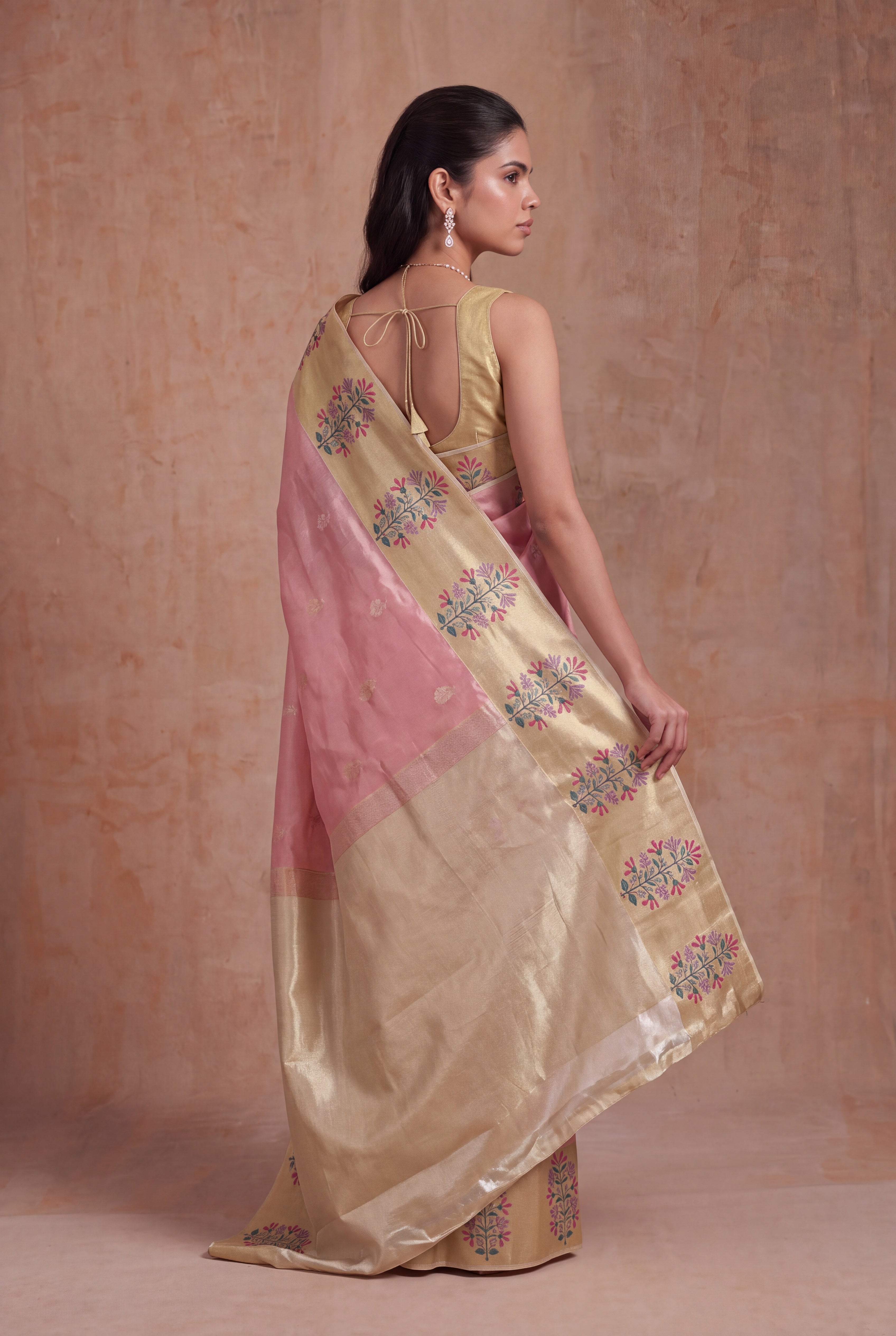 Rose Gold Tissue Kanchivaram Silk Saree with Thread Motifs